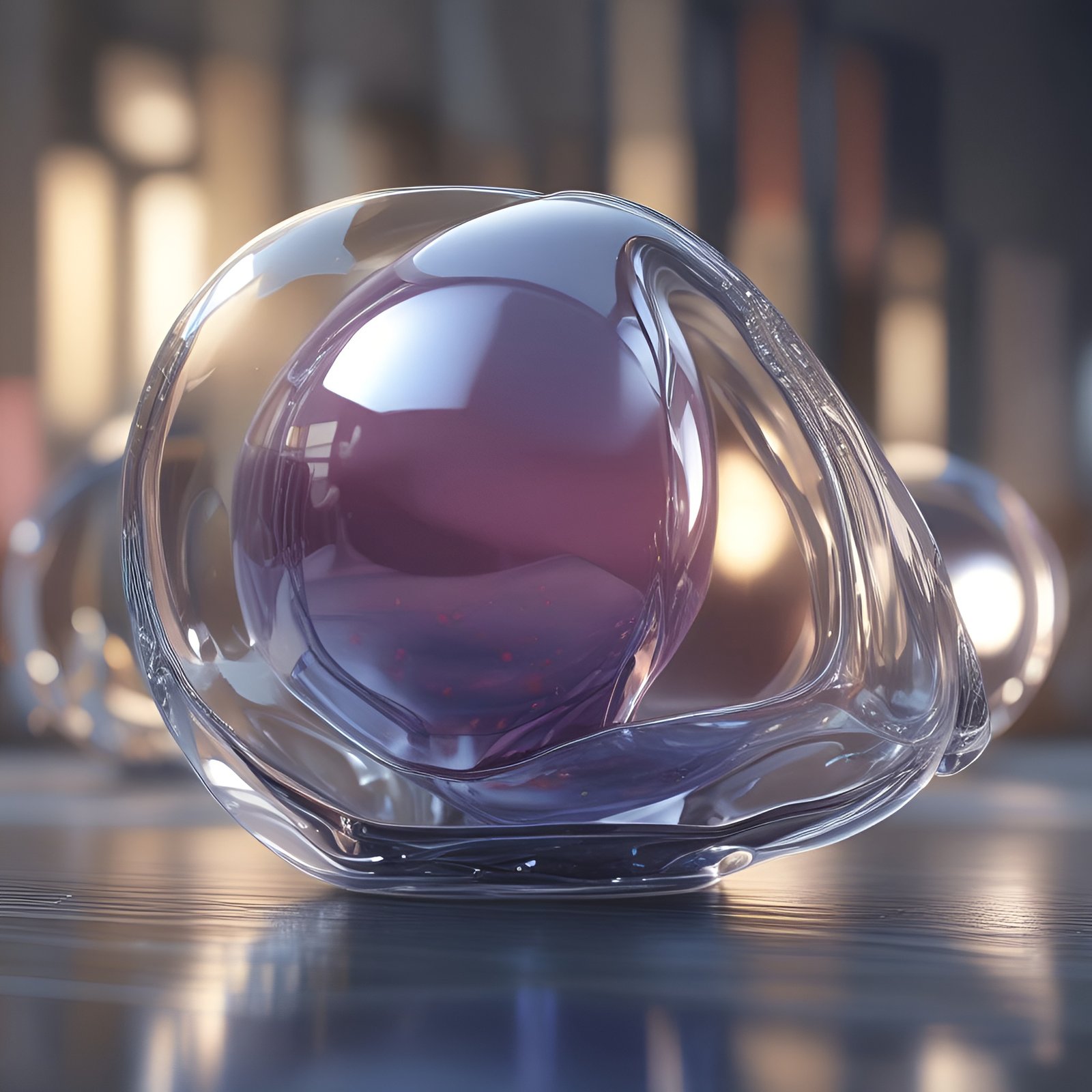 A creative photograph of a clear glass form holding a purple inner orb on a wood table in warm window light.