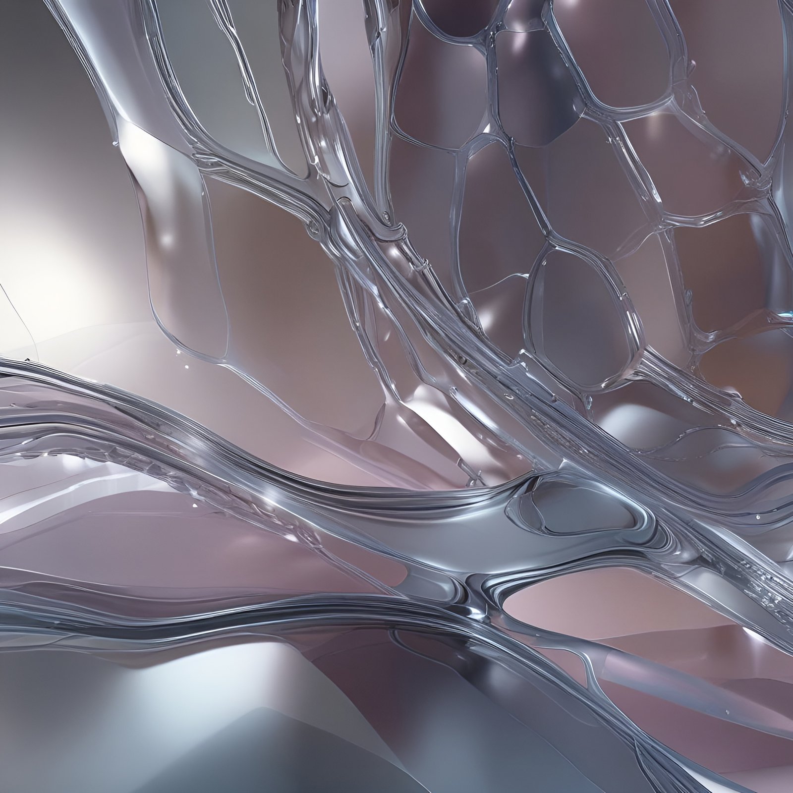 Abstract art of clear glass honey comb cells in silver and mauve with a wet membrane close-up.