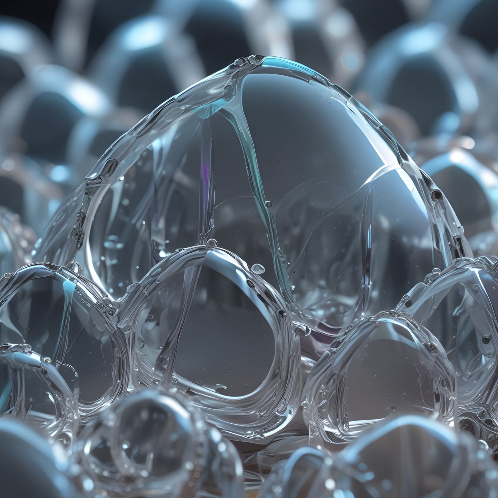 Clear glass ice bubble forms stacked as teardrop shapes in abstract art