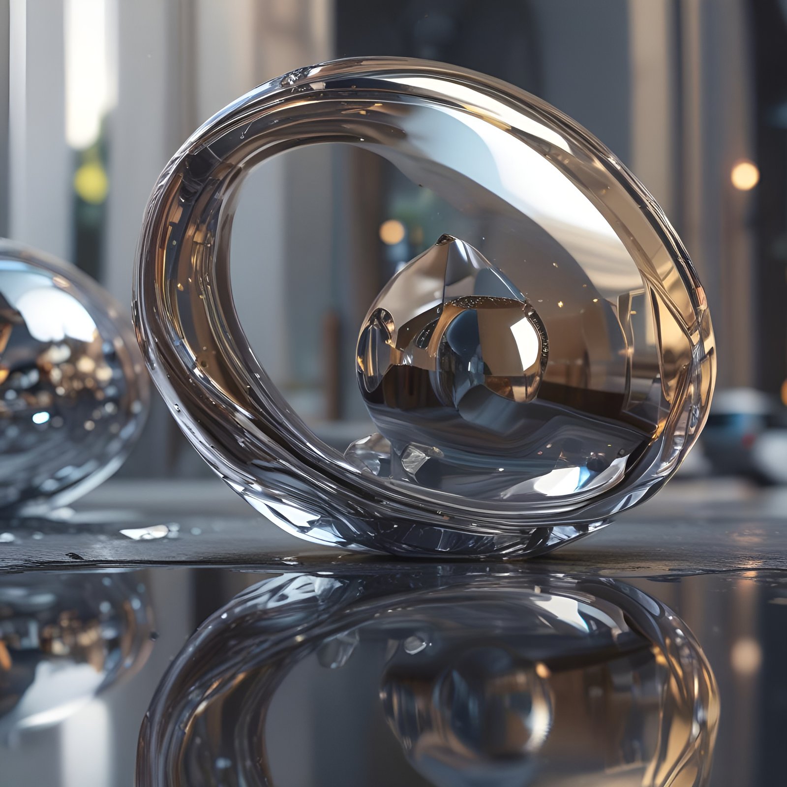 Photo of a clear glass loop sculpture with an inner crystal on a reflective table