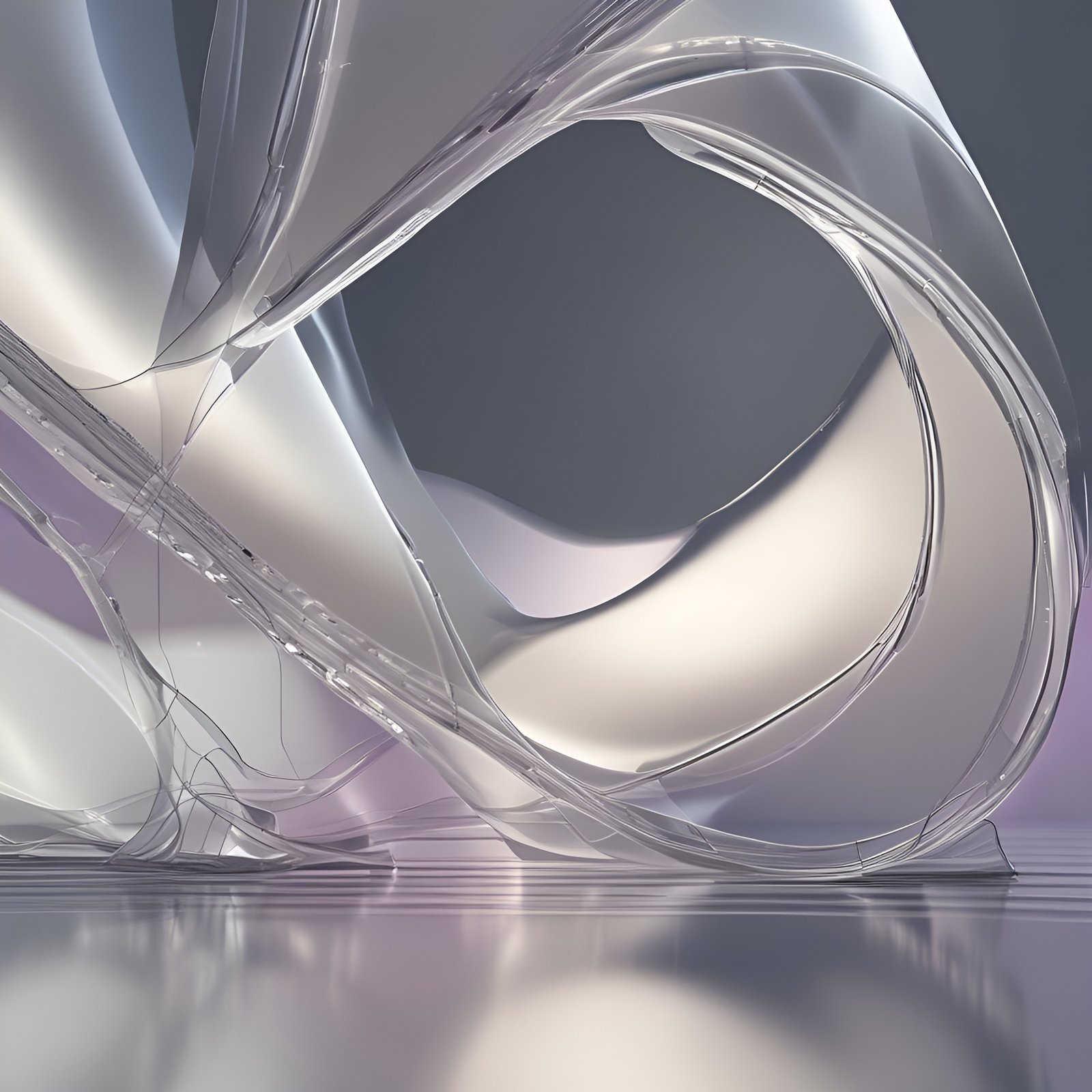 Clear glass loops on a glossy floor in pale lavender abstract art