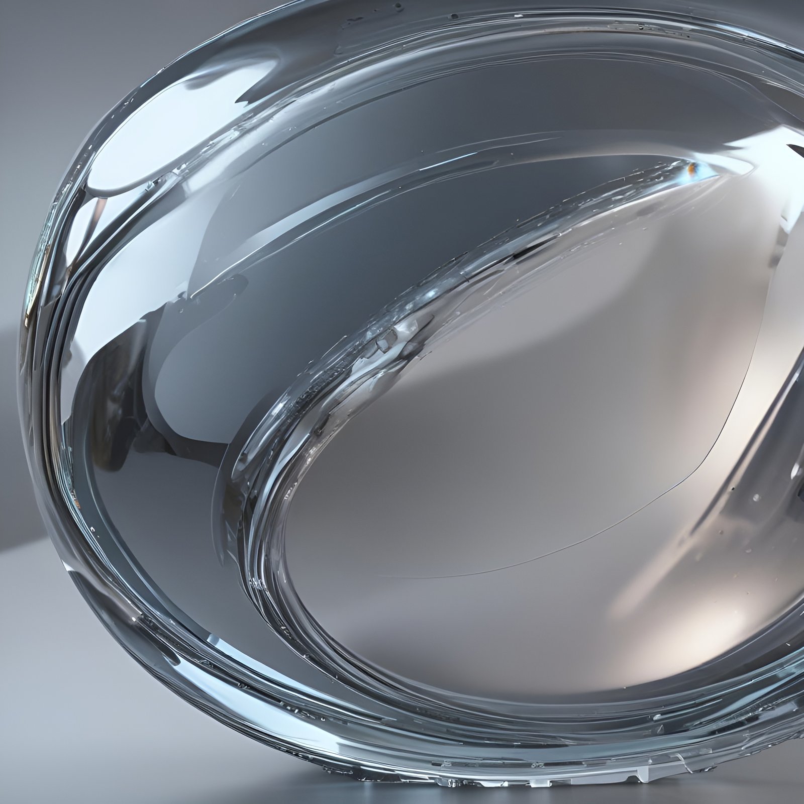 A 3d poster art of a clear glass oval lens with nested rings on a gray table.