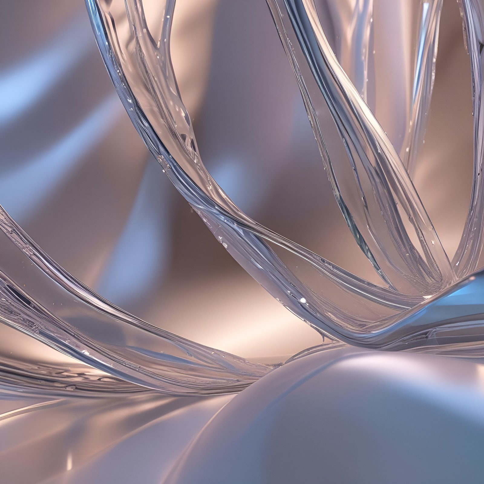 Abstract art of clear glass ribbons curving over a peach and silver surface.