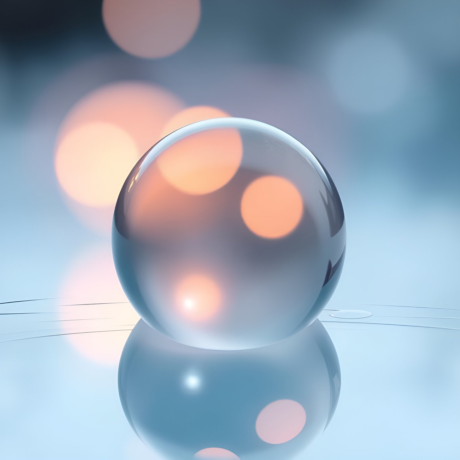 A 3d poster art of a clear glass sphere on a glossy pale-blue surface with peach and blue bokeh inside the orb.