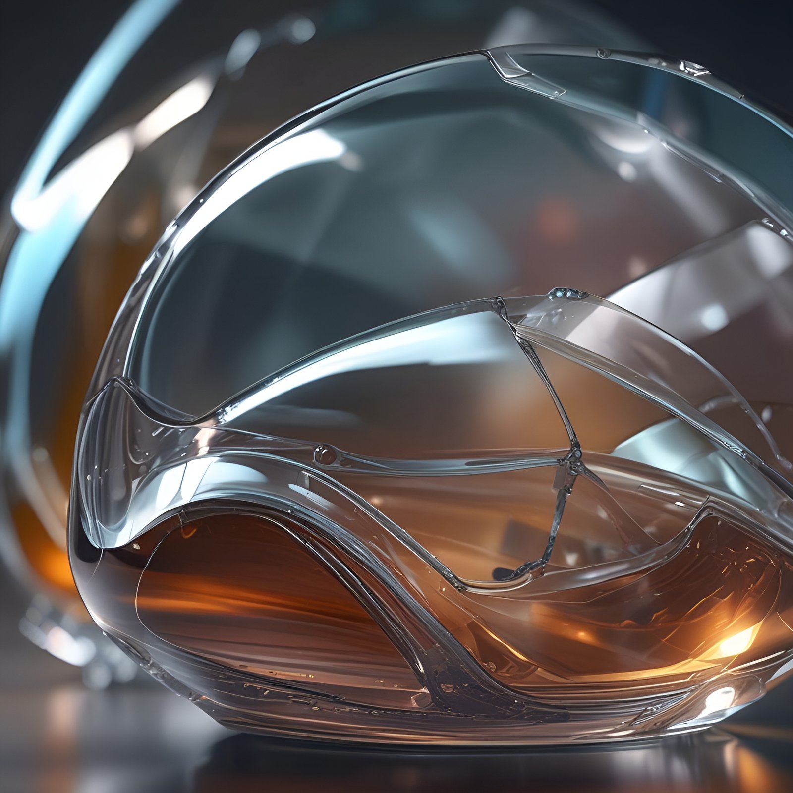 Clear glass vessel holding amber liquid among nested curved panes in abstract art