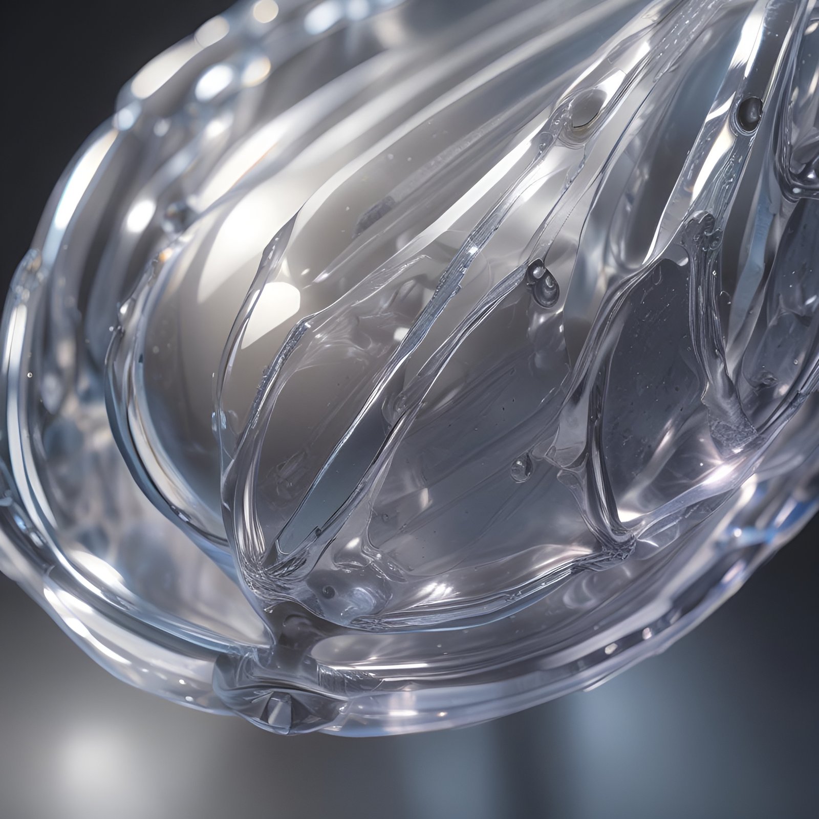 Abstract art of a clear ribbed glass vessel with trapped bubbles and inner folds on a dark gray field.