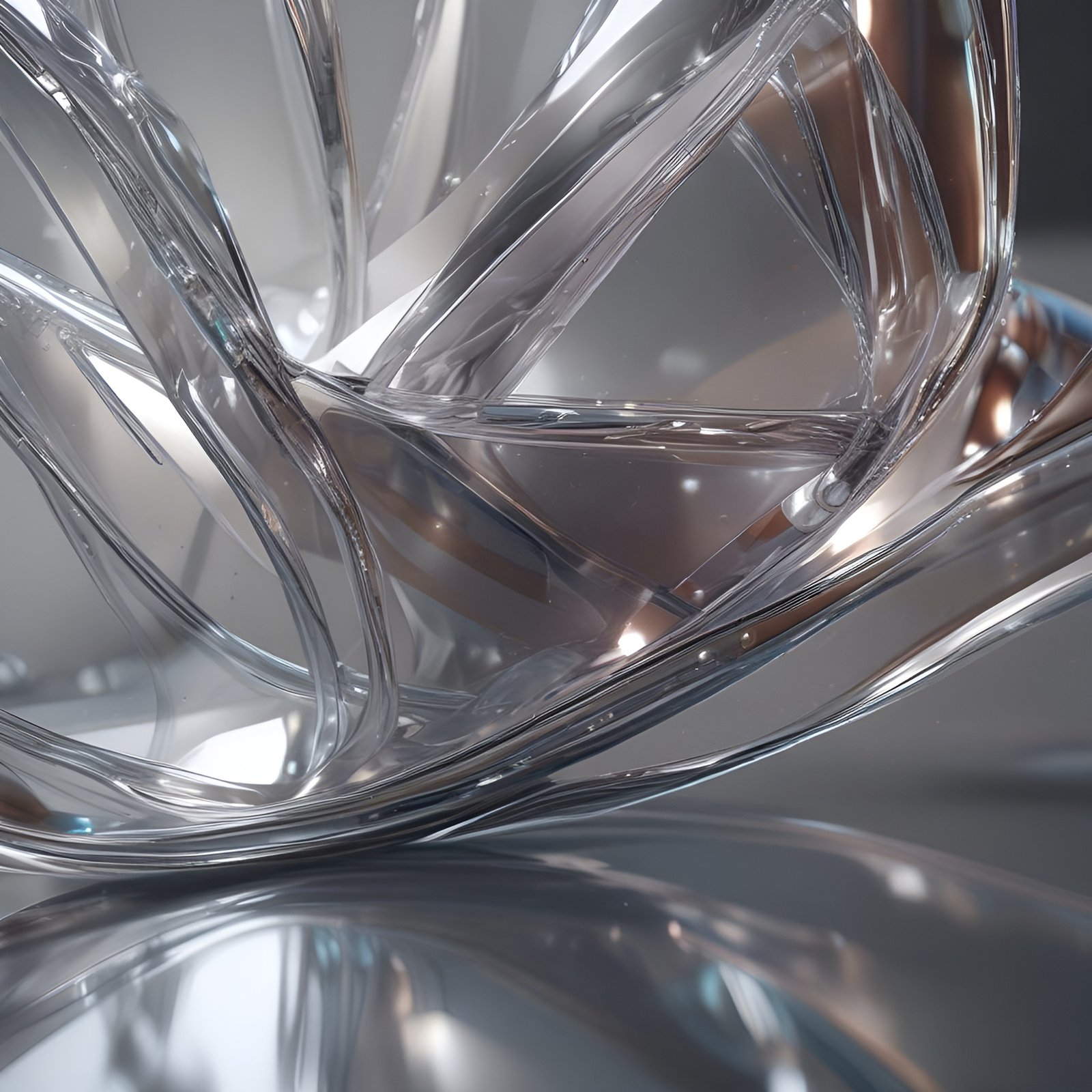 Clear twisted glass loops over a silver reflection in abstract art