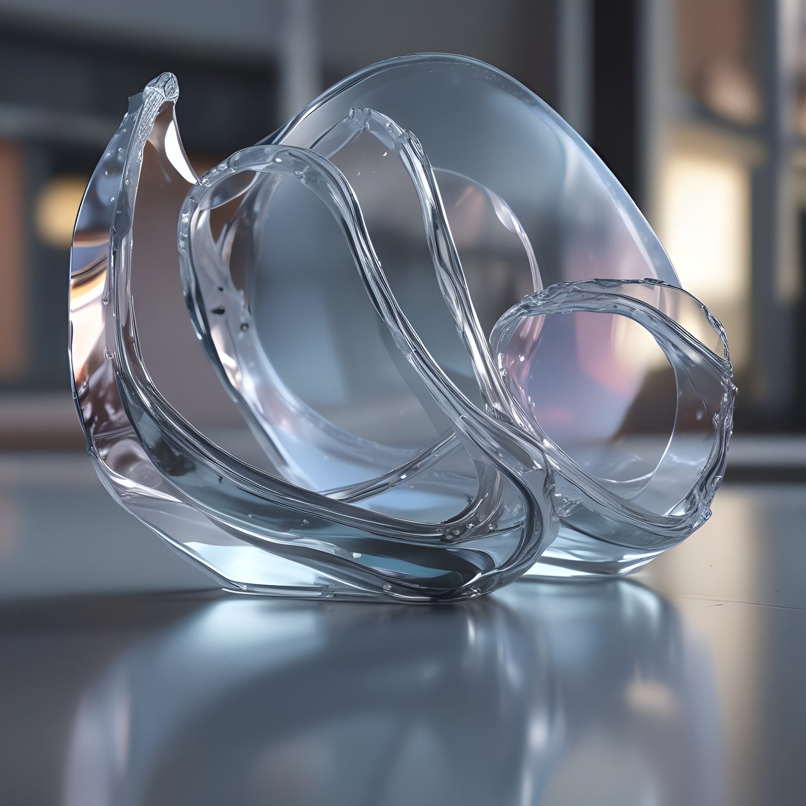 A 3d poster art of a clear twisted glass sculpture with nested loops on a table near a window.