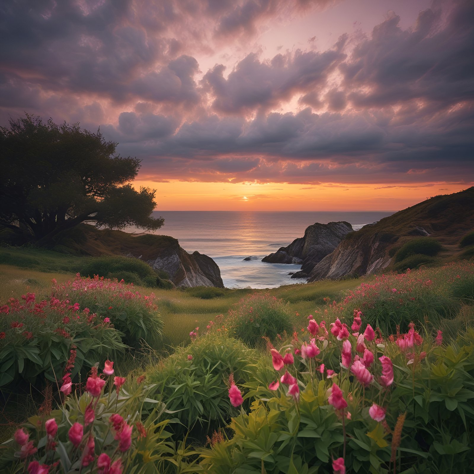 Coastal sunset with pink flowers and tree on cliff overlooking ocean waves