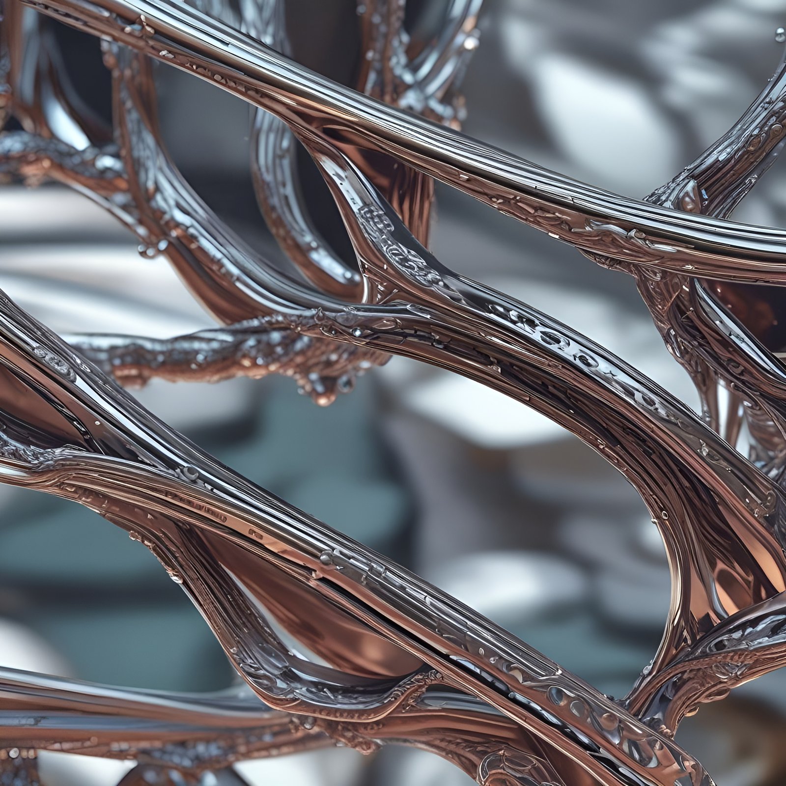 Abstract art of a copper-bronze metallic branch lattice with chrome highlights in a close crop.