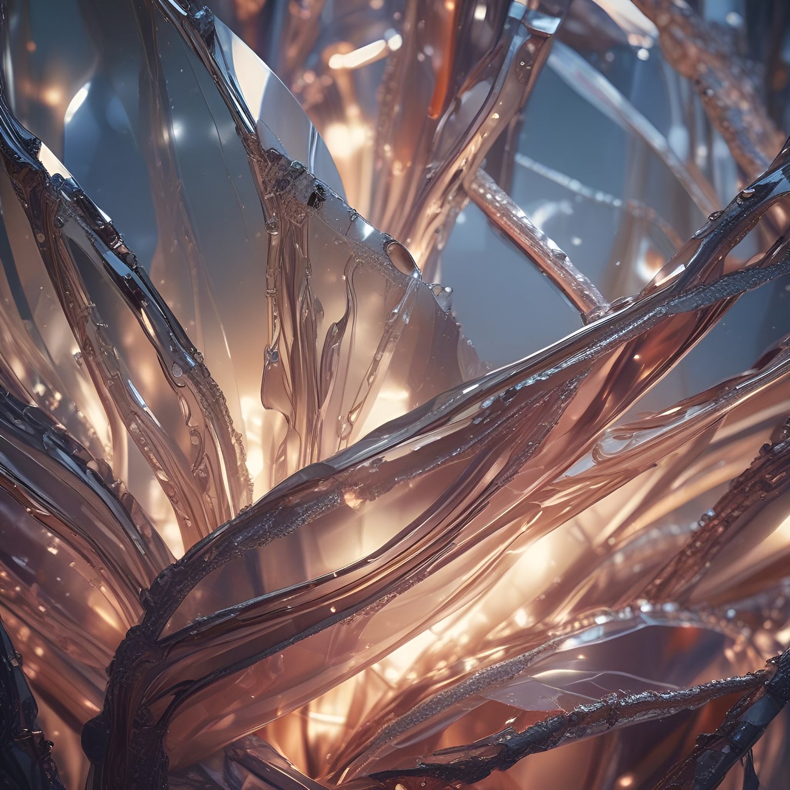 Abstract art of copper and glass petal forms with warm inner light and wet bronze edges.
