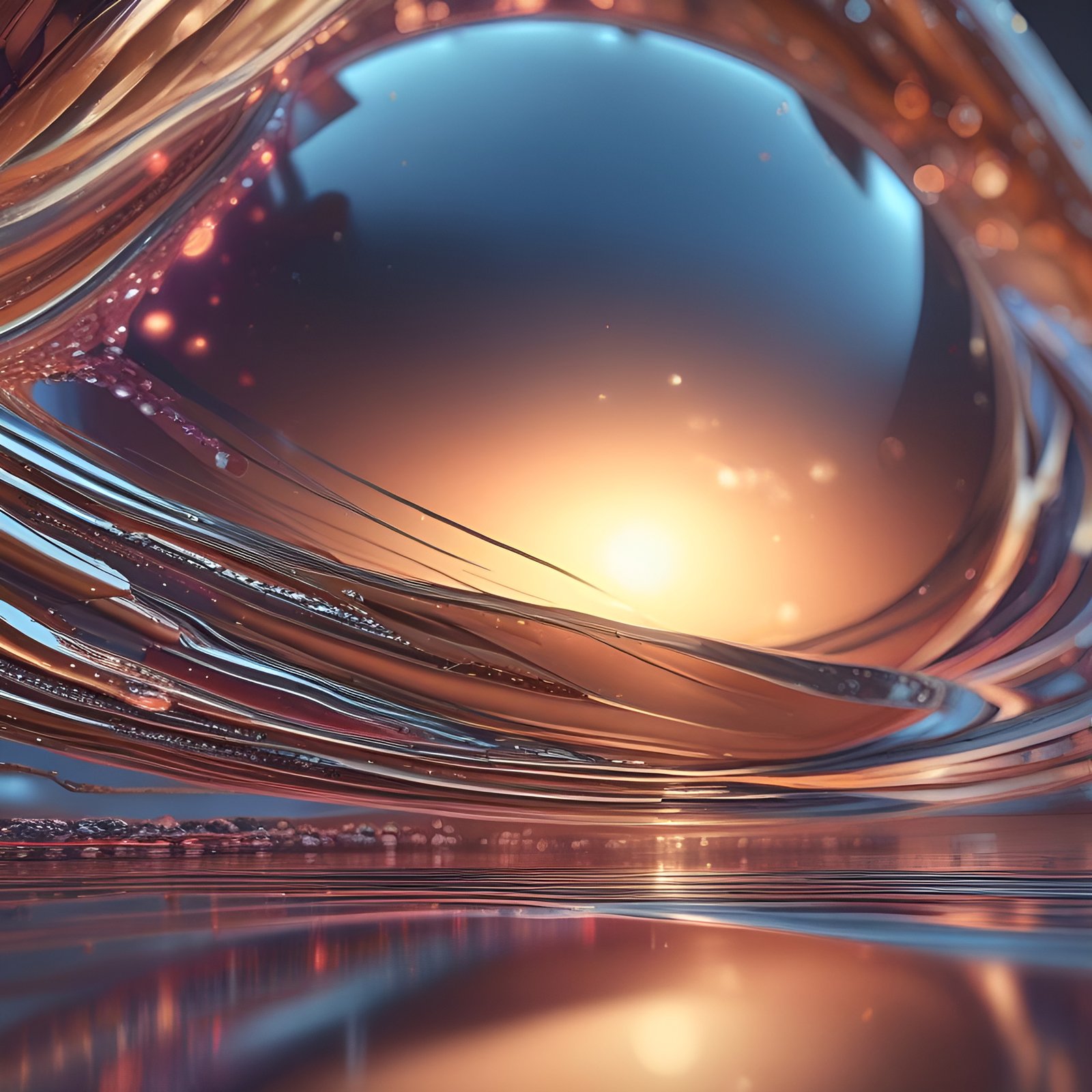 Copper gold metal swirls around a sunset orb over water in abstract art
