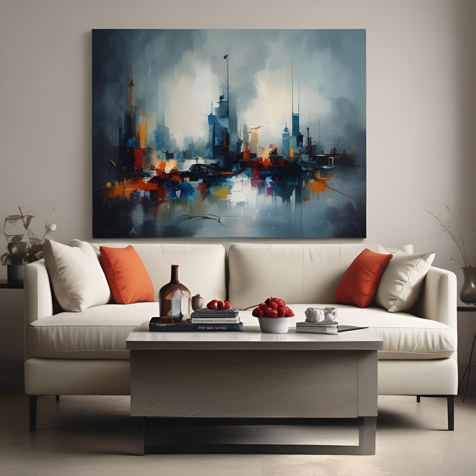 A creative photograph of a cream living room with a white sofa, orange pillows, an amber bottle, and a bowl of red apples.