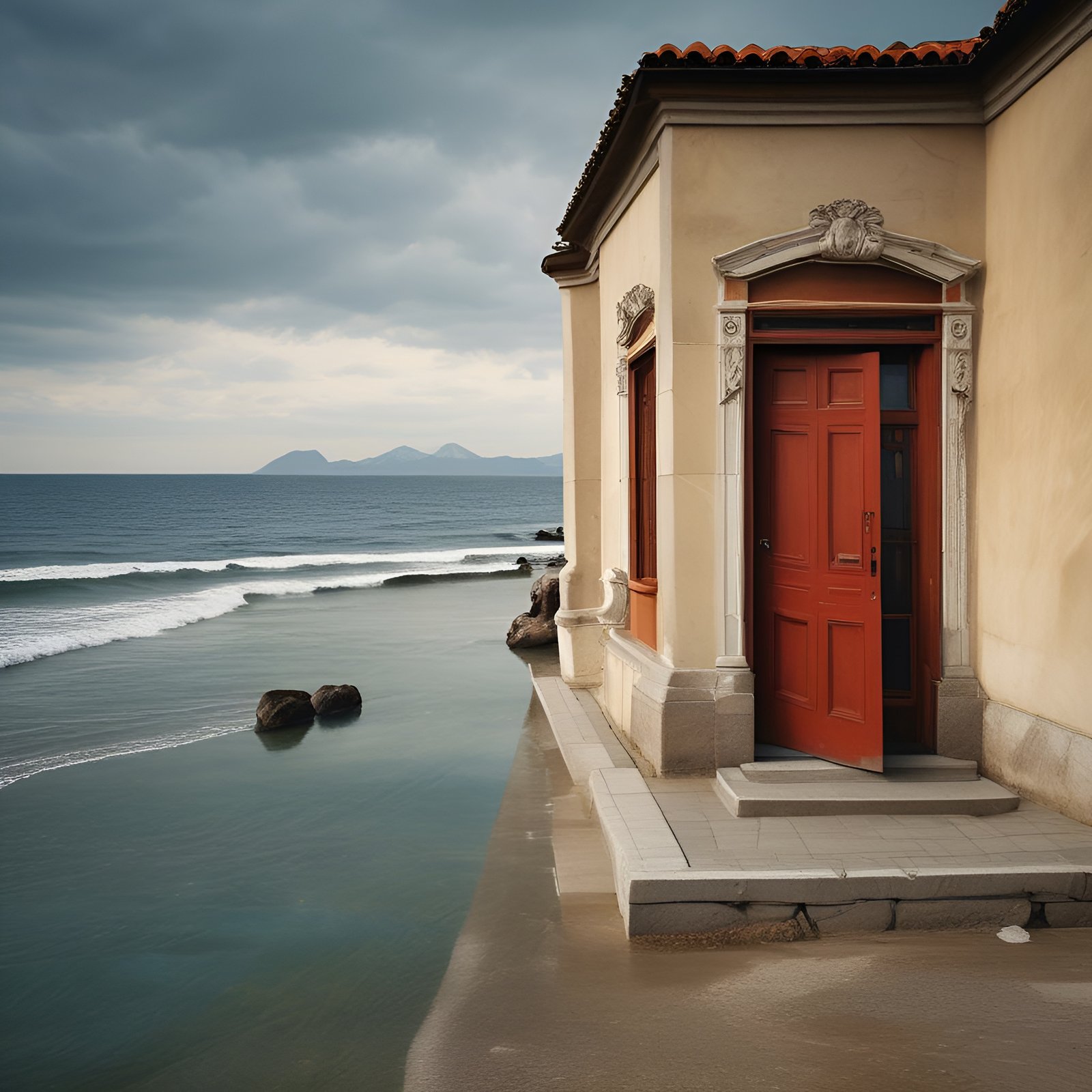 Photo of a cream stucco seaside building with an open red door and terracotta roof