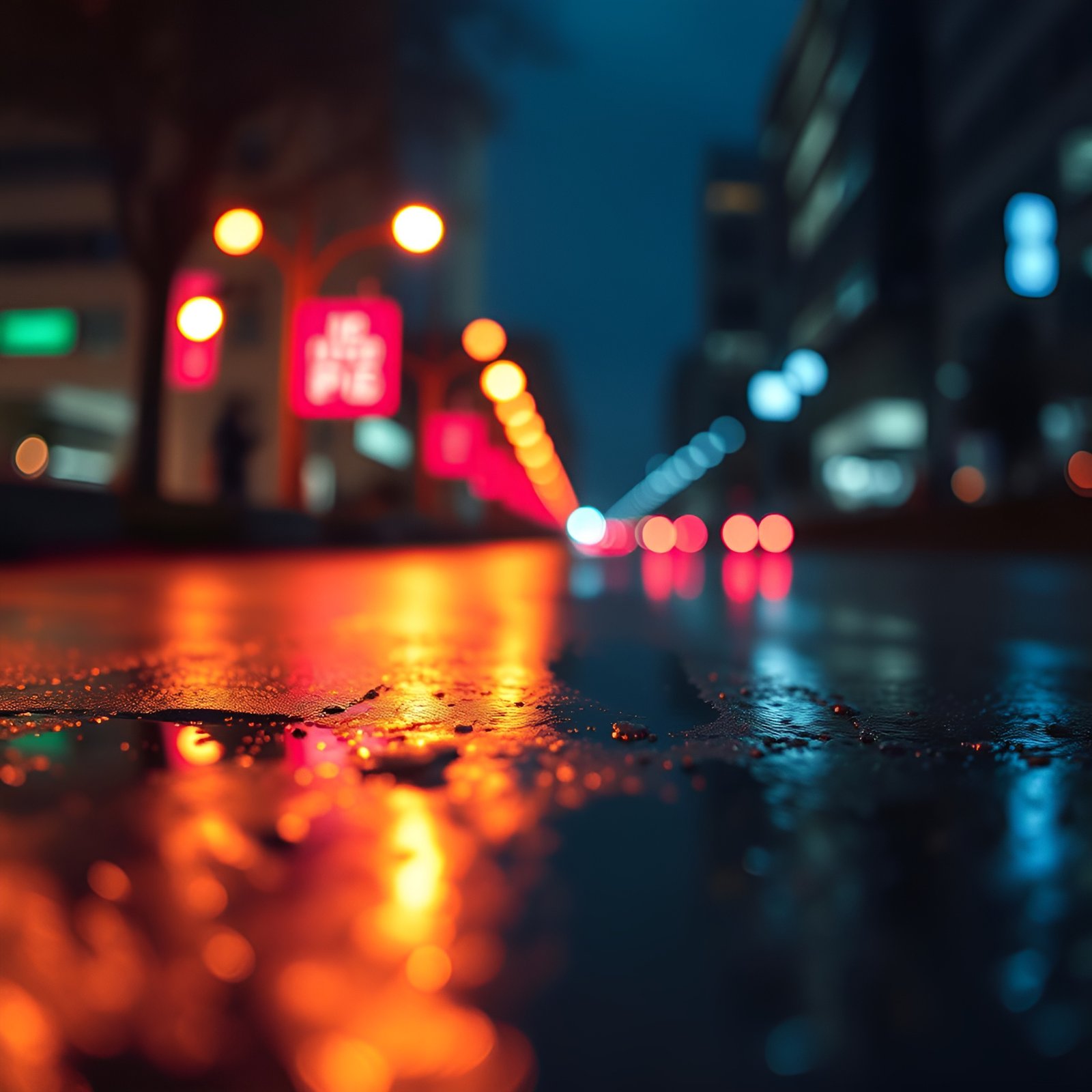 Creative photograph of a wet city street at night with neon lights reflections
