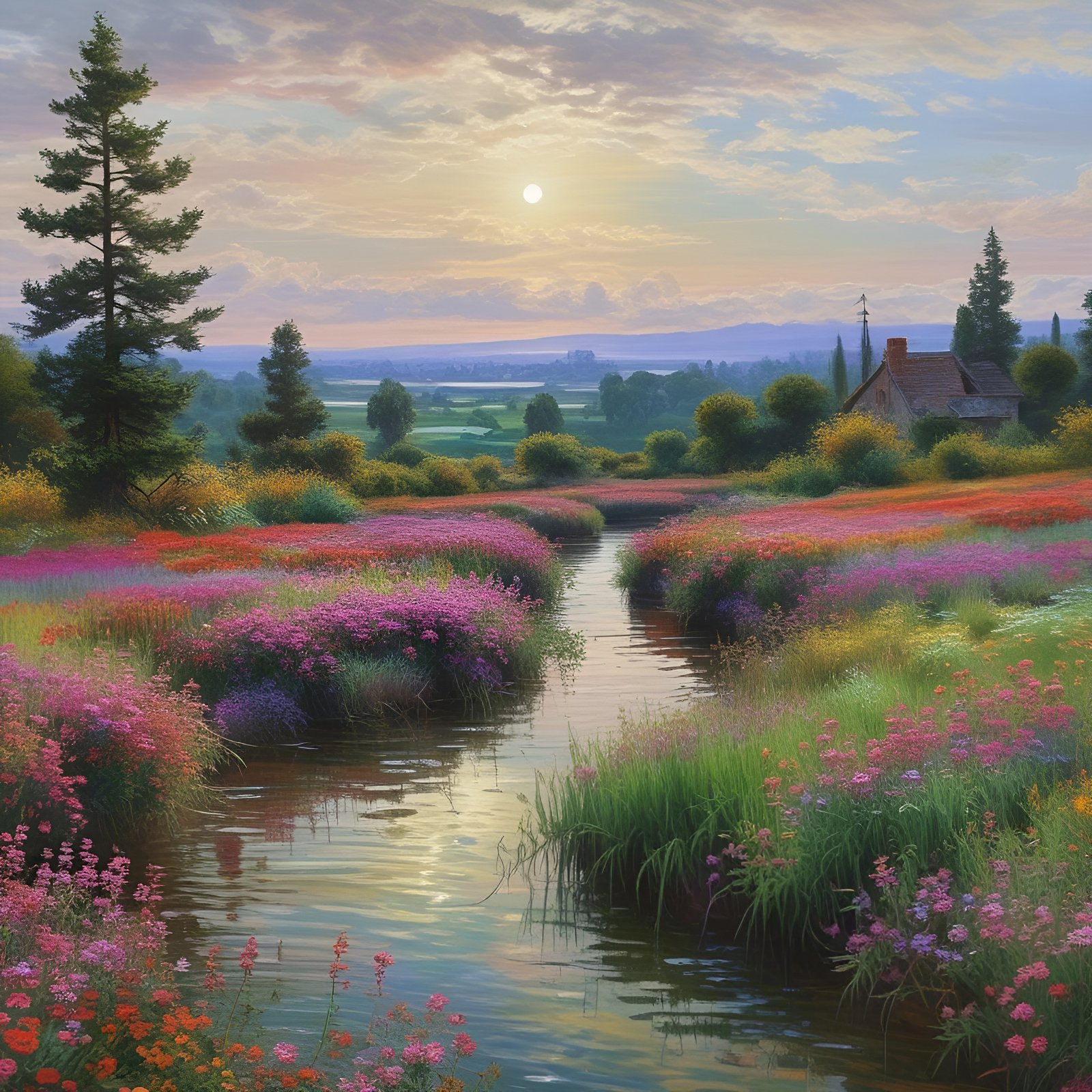 Painting of a creek through a wildflower meadow with a stone cottage and sunset hills