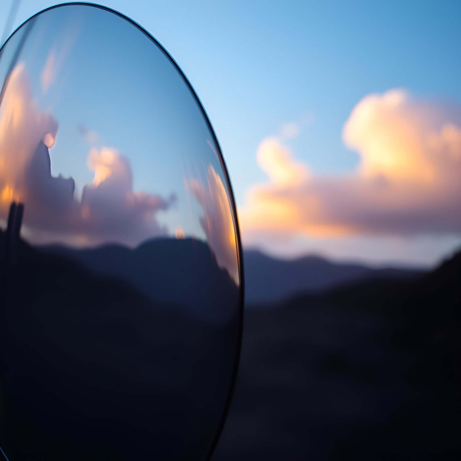 A creative photograph of a dark oval lens catching sunset clouds and mountain ridges against a blurred blue sky.