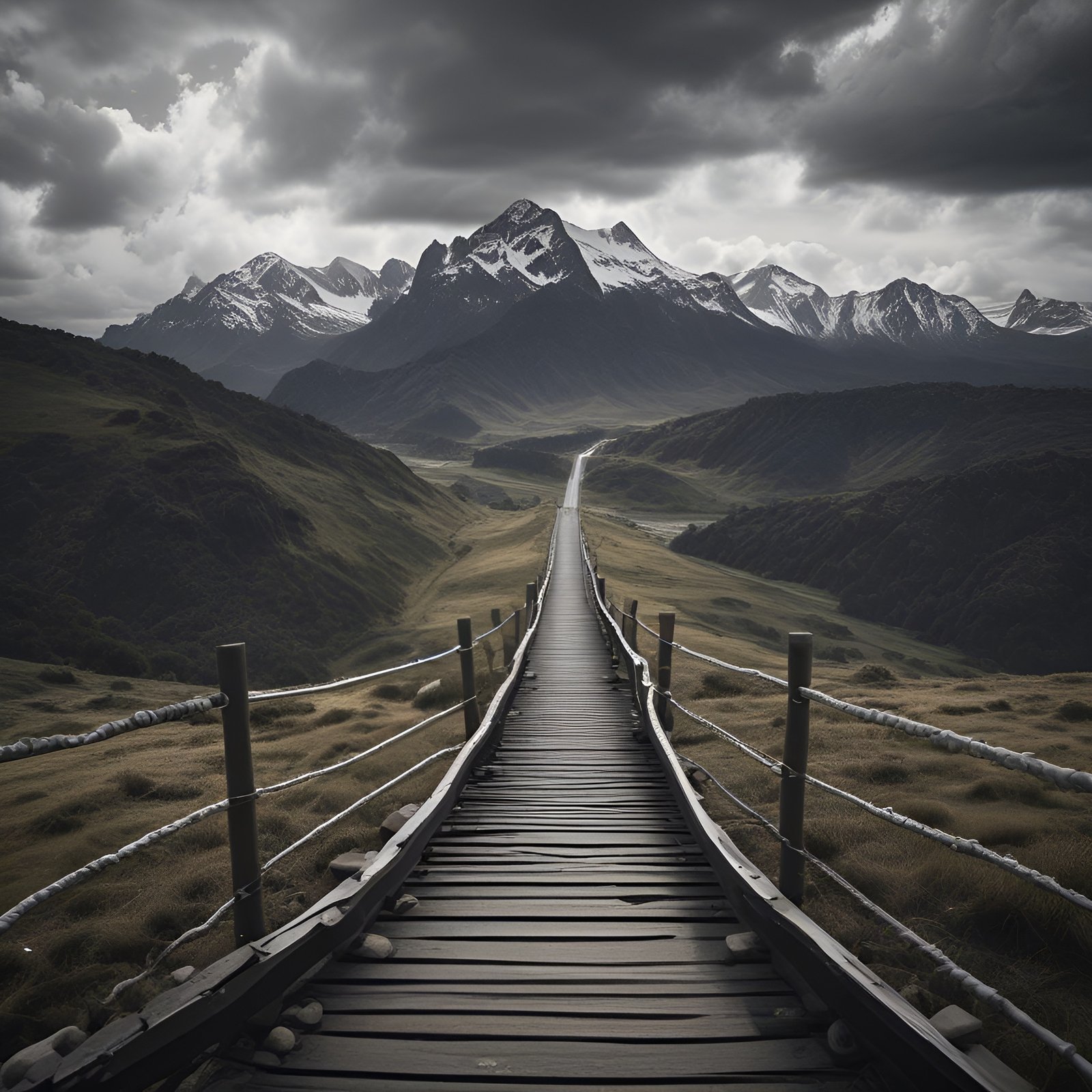 A nature photograph of a dark wooden boardwalk with rope rails through a tan alpine valley toward snow-capped peaks.