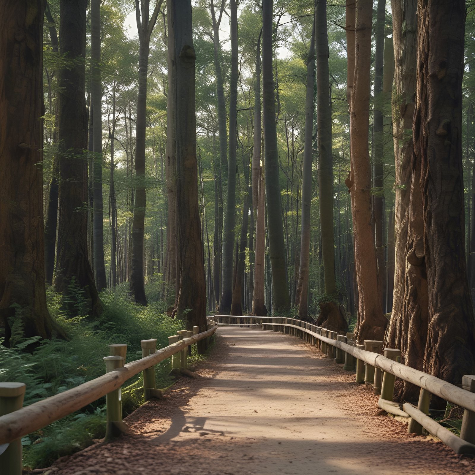 A nature photograph of a dirt boardwalk with wood railings through tall forest trunks, ferns, and brown bark.