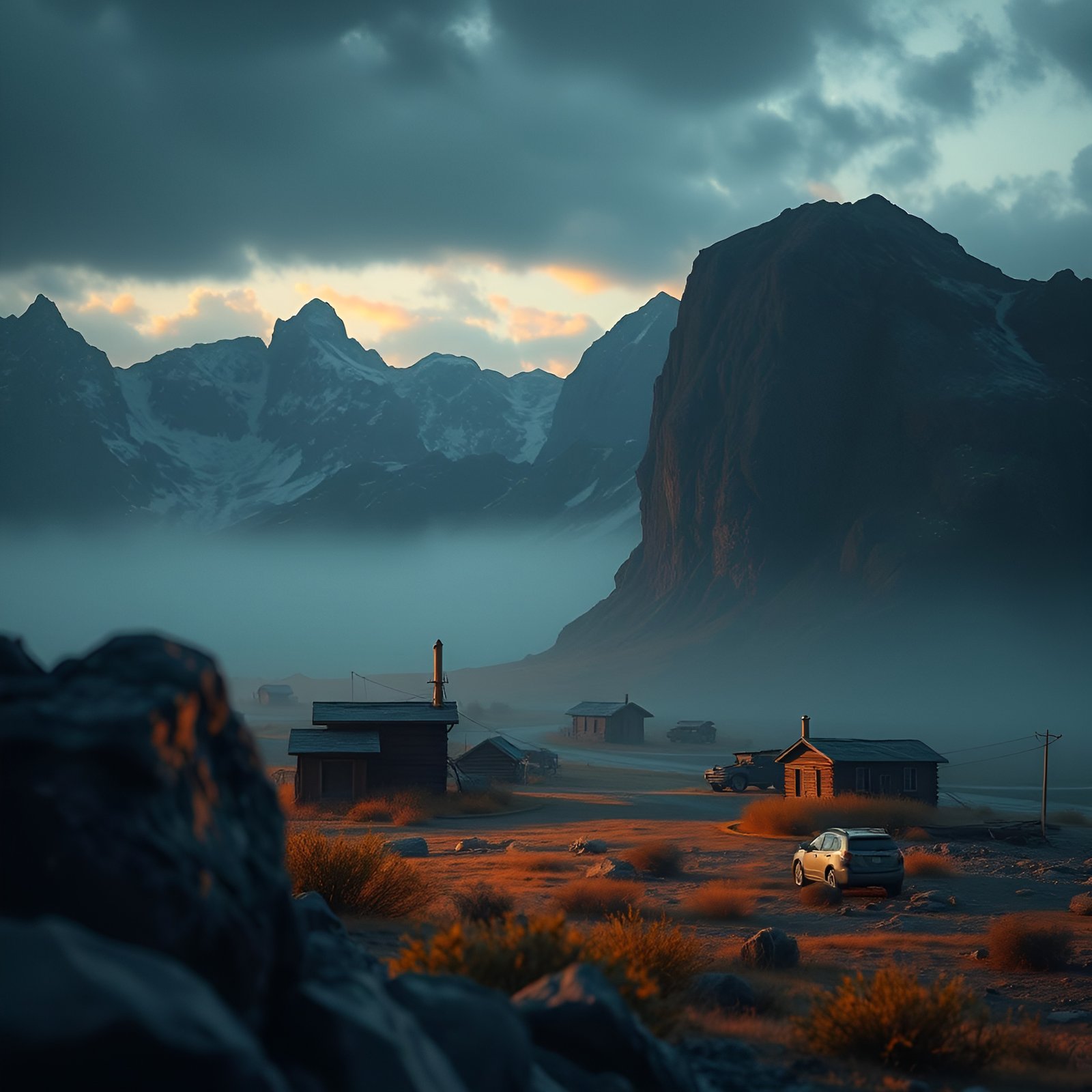 A creative photograph of a dusk mountain hamlet with wooden cabins, a silver hatchback, and snow peaks through low fog.