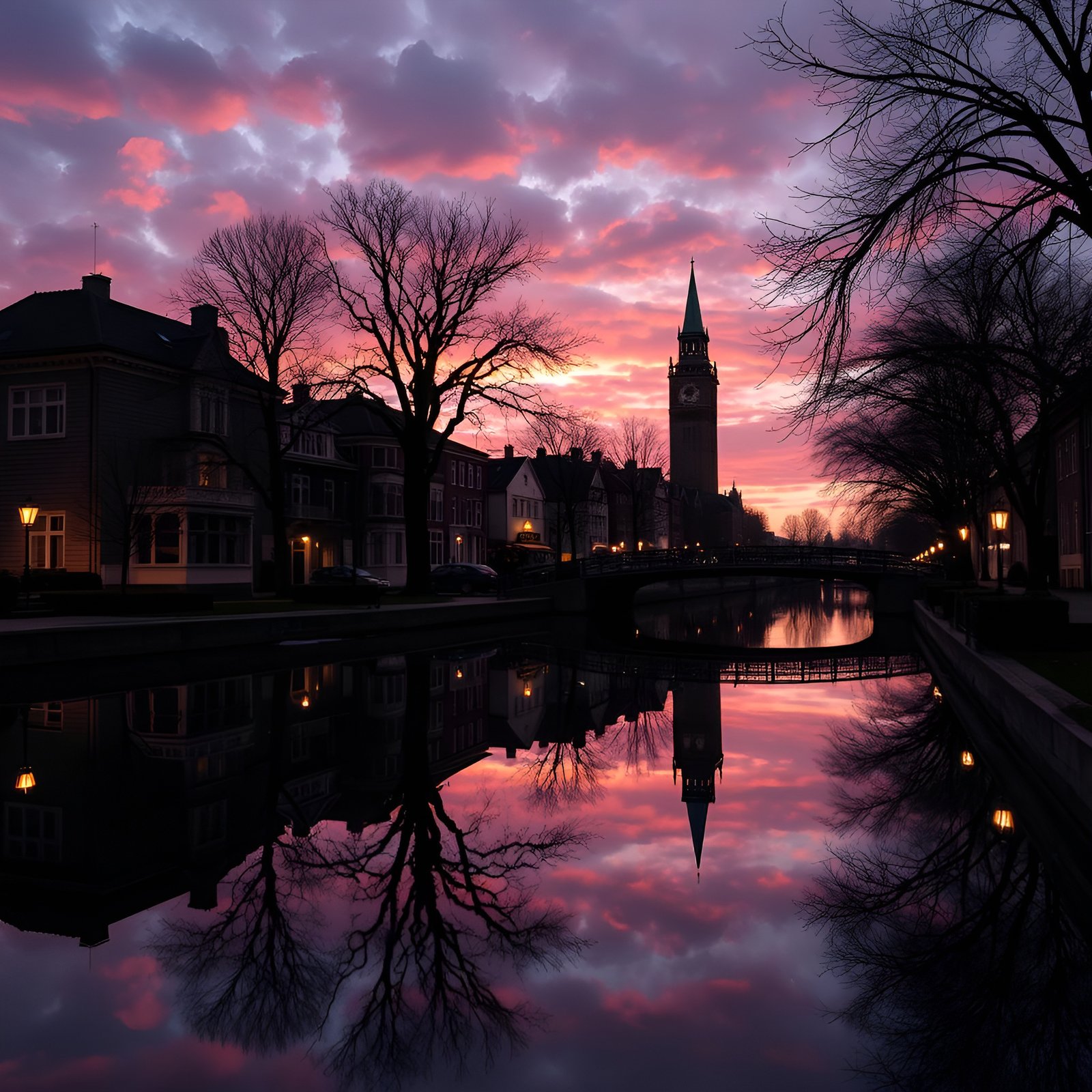 A nature photograph of a Dutch canal town at pink sunset with a clock tower, arched bridge, and brick houses on still water.