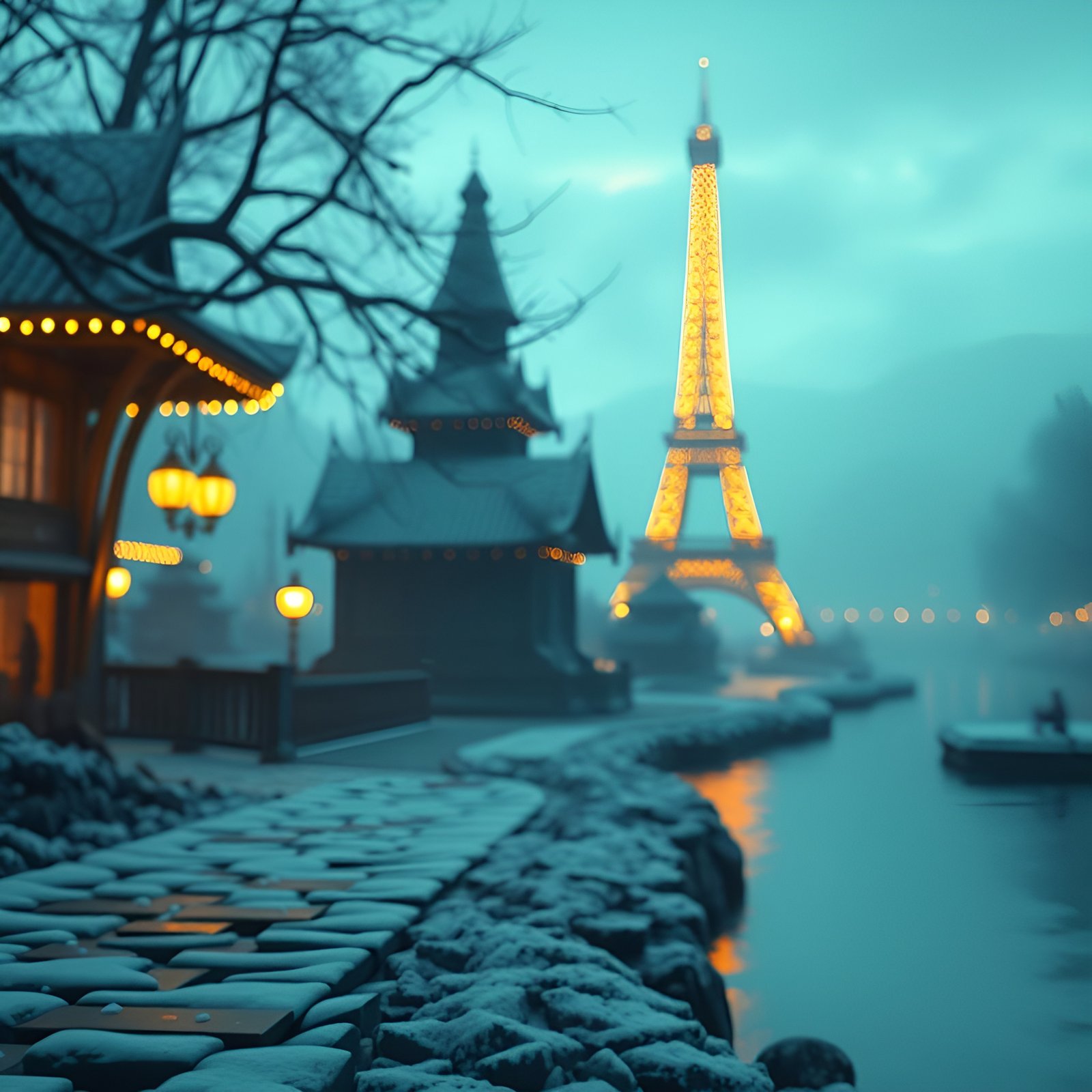 A creative photograph of a snow cobblestone quay at dusk with gold lanterns and the Eiffel Tower glowing through teal fog.