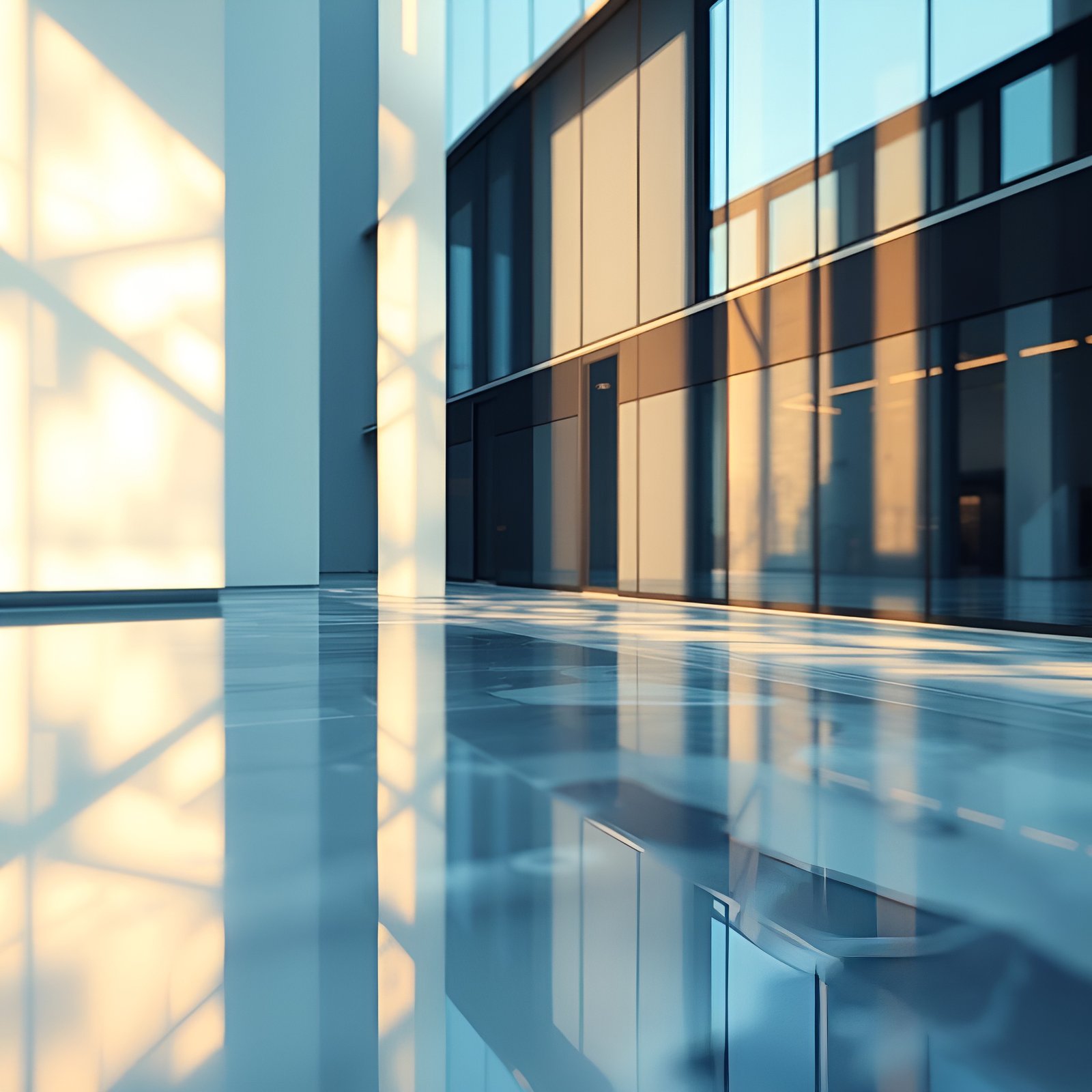 Photo of an empty glass office hallway with polished floor reflections