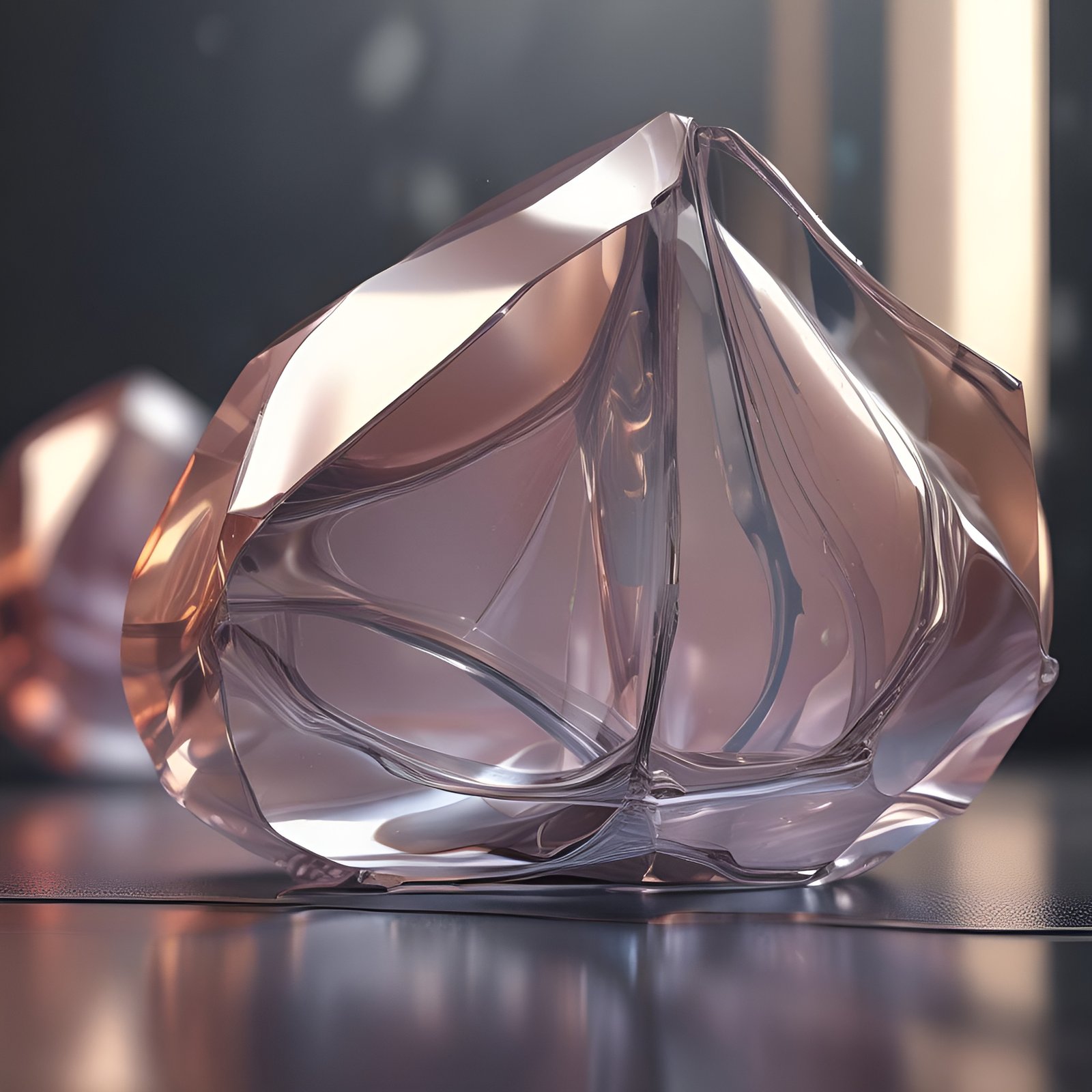 Abstract art of a faceted rose-glass crystal sculpture on a dark table catching window light.