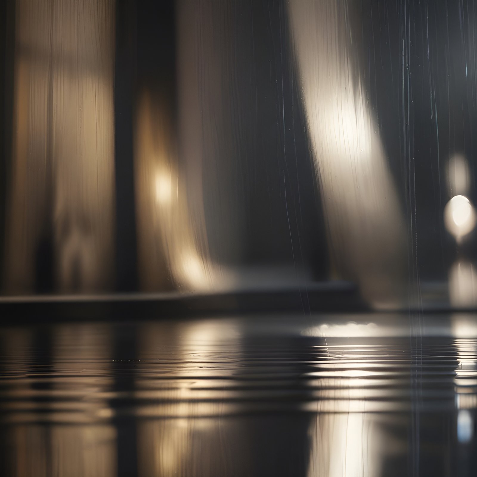 Photo of a falling rain curtain over a dark wet floor with golden light