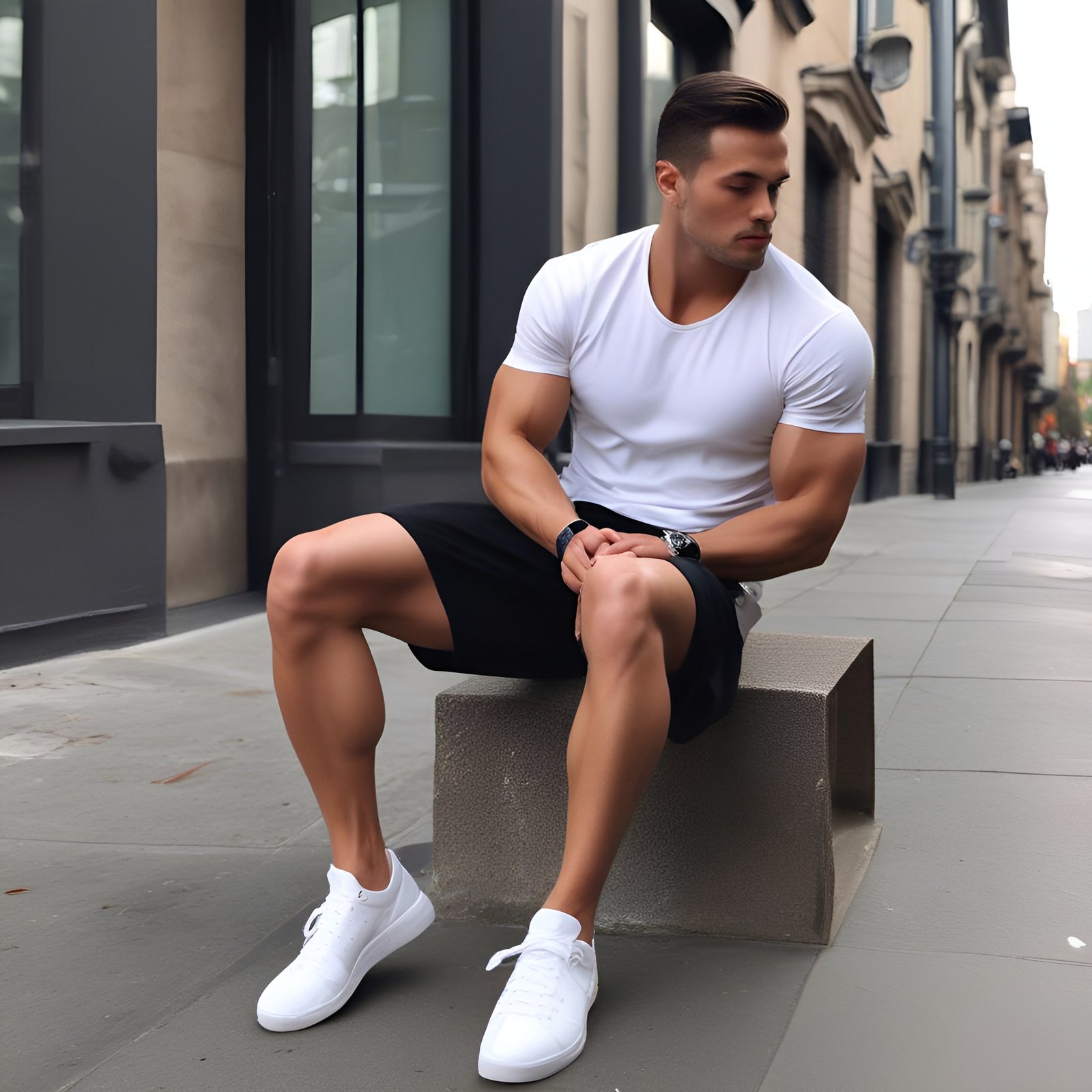 A fit man sitting on a bench in white shirt and black shorts on city street