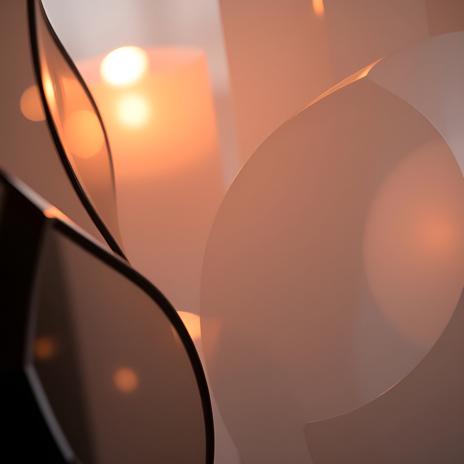 Abstract art of frosted peach glass ovals with thin dark rims and warm round lamps.