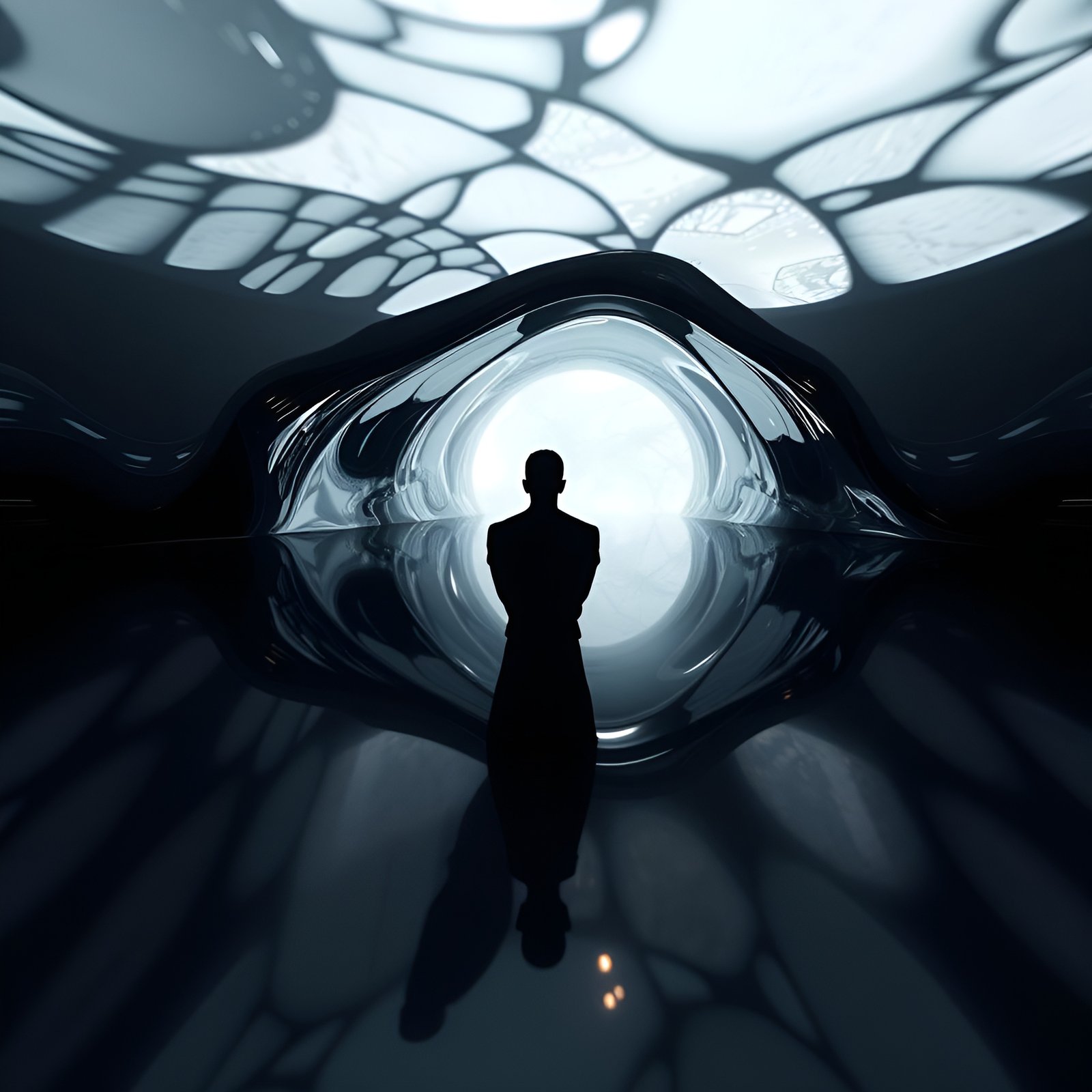 Silhouette of man standing in futuristic tunnel with white light and organic walls
