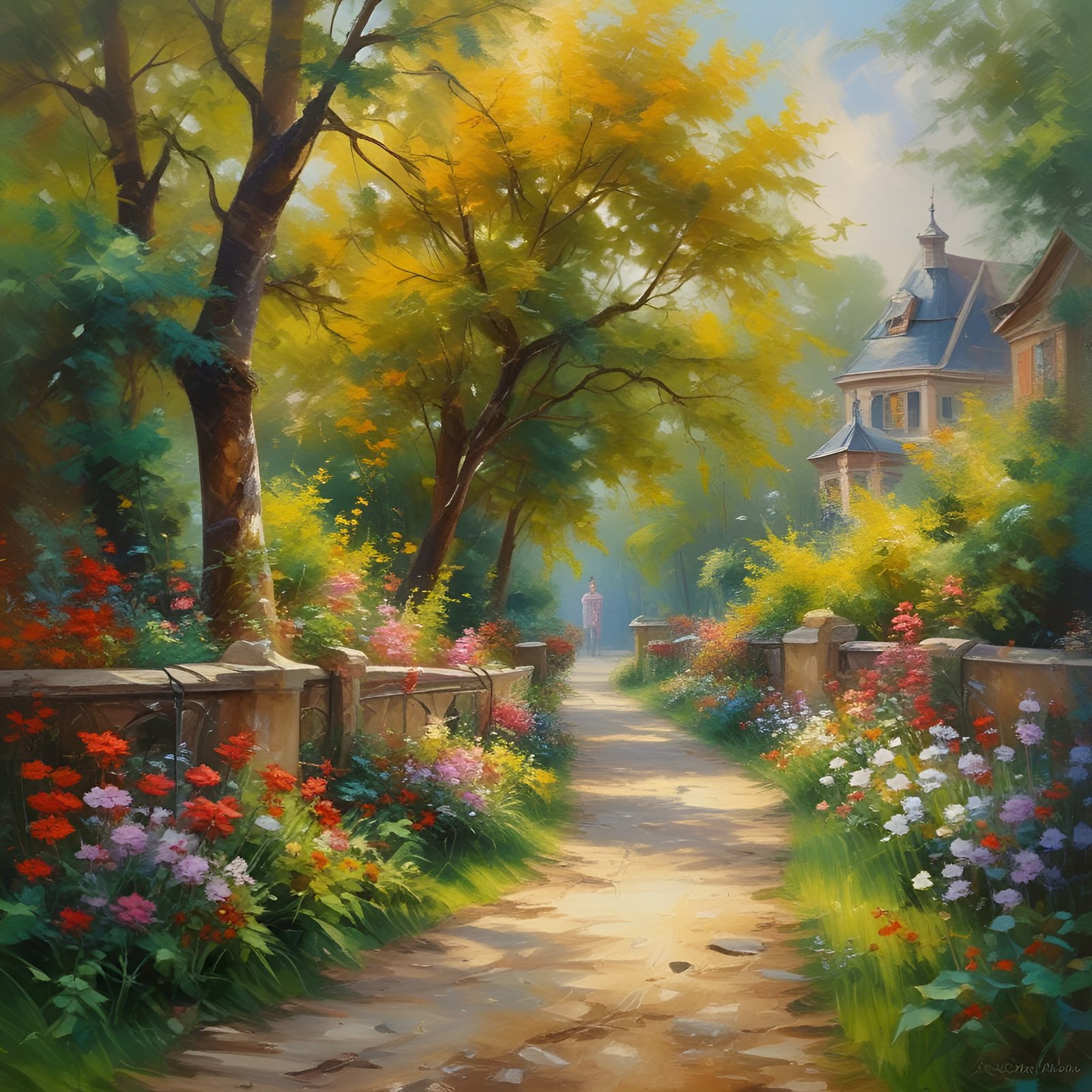 Painting of a garden path between stone walls and mixed flowers by a turreted house