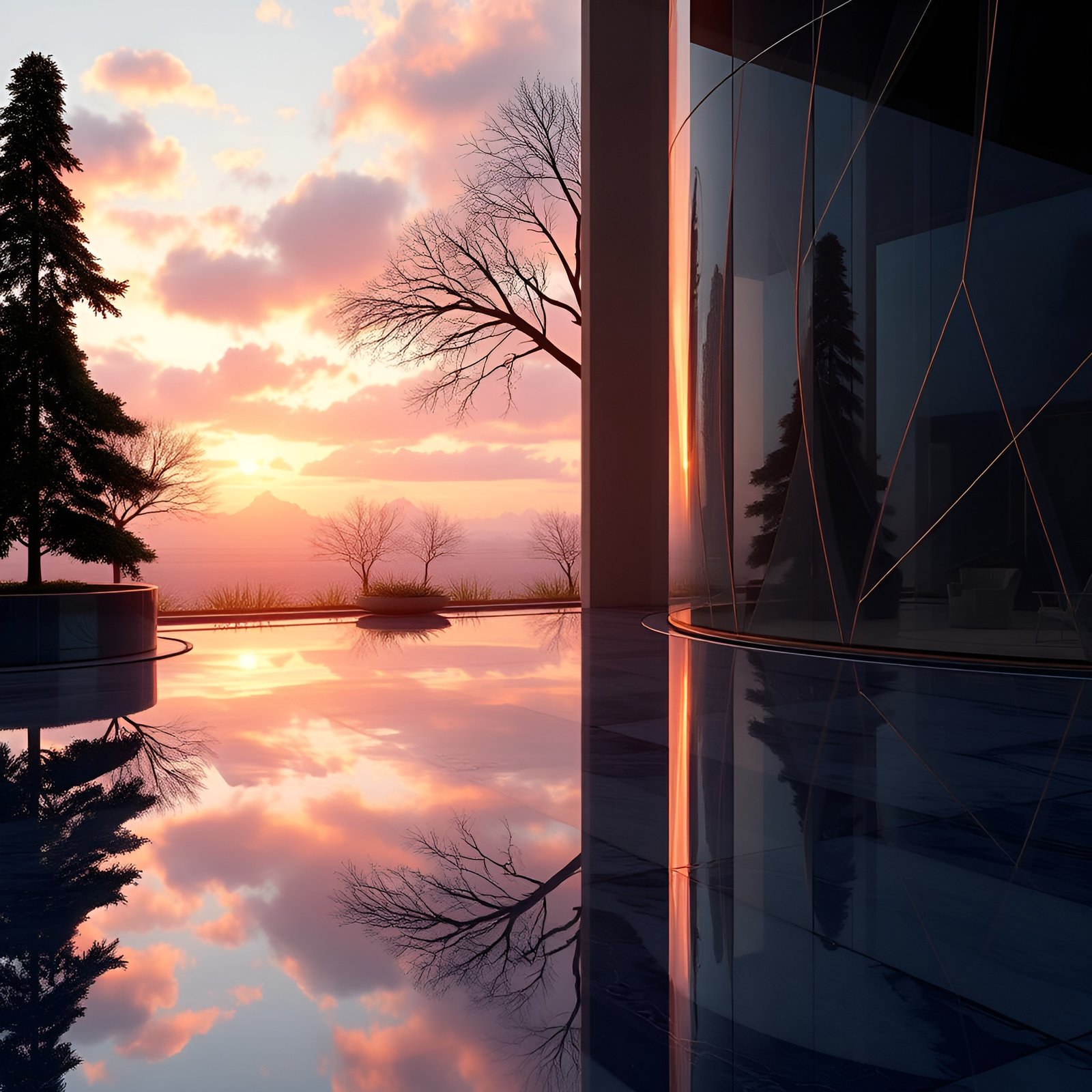Photo of a glass house and infinity pool reflecting a pink sunset among pines