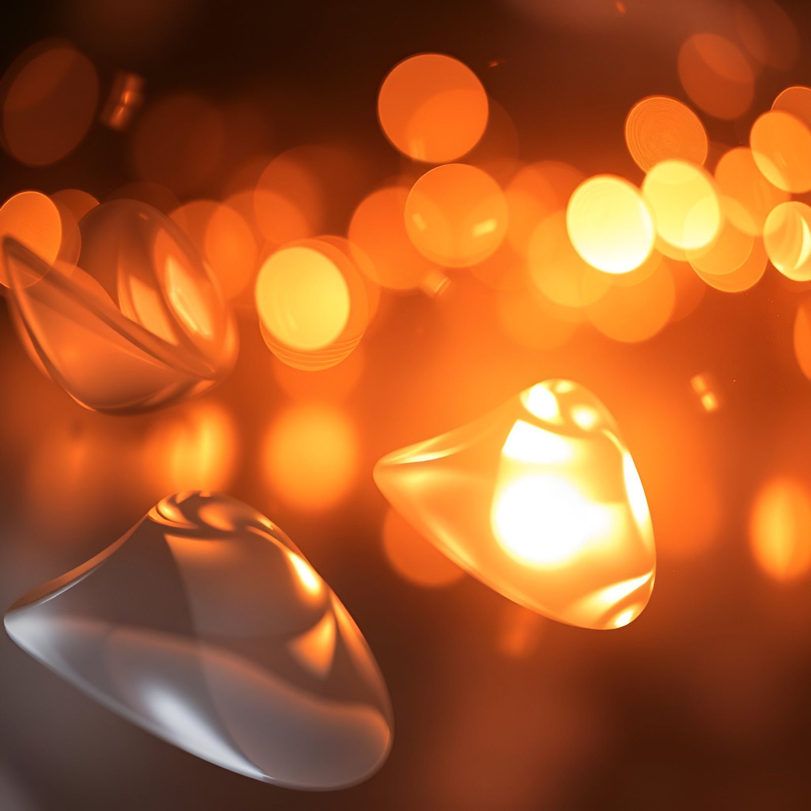 Clear glass pebbles glowing in orange bokeh and amber lights in abstract art
