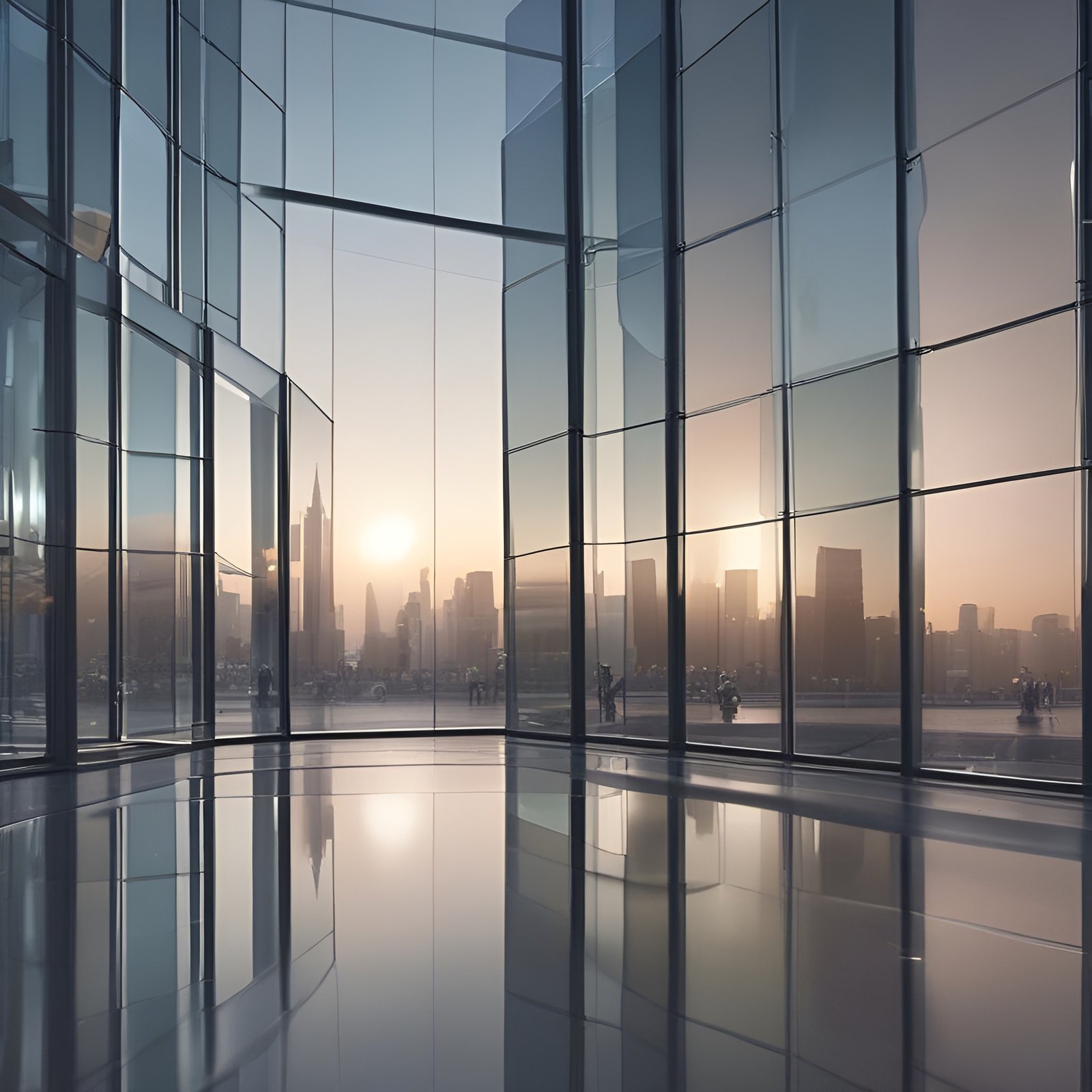 Photo of a glass walled interior looking at a city skyline at sunset