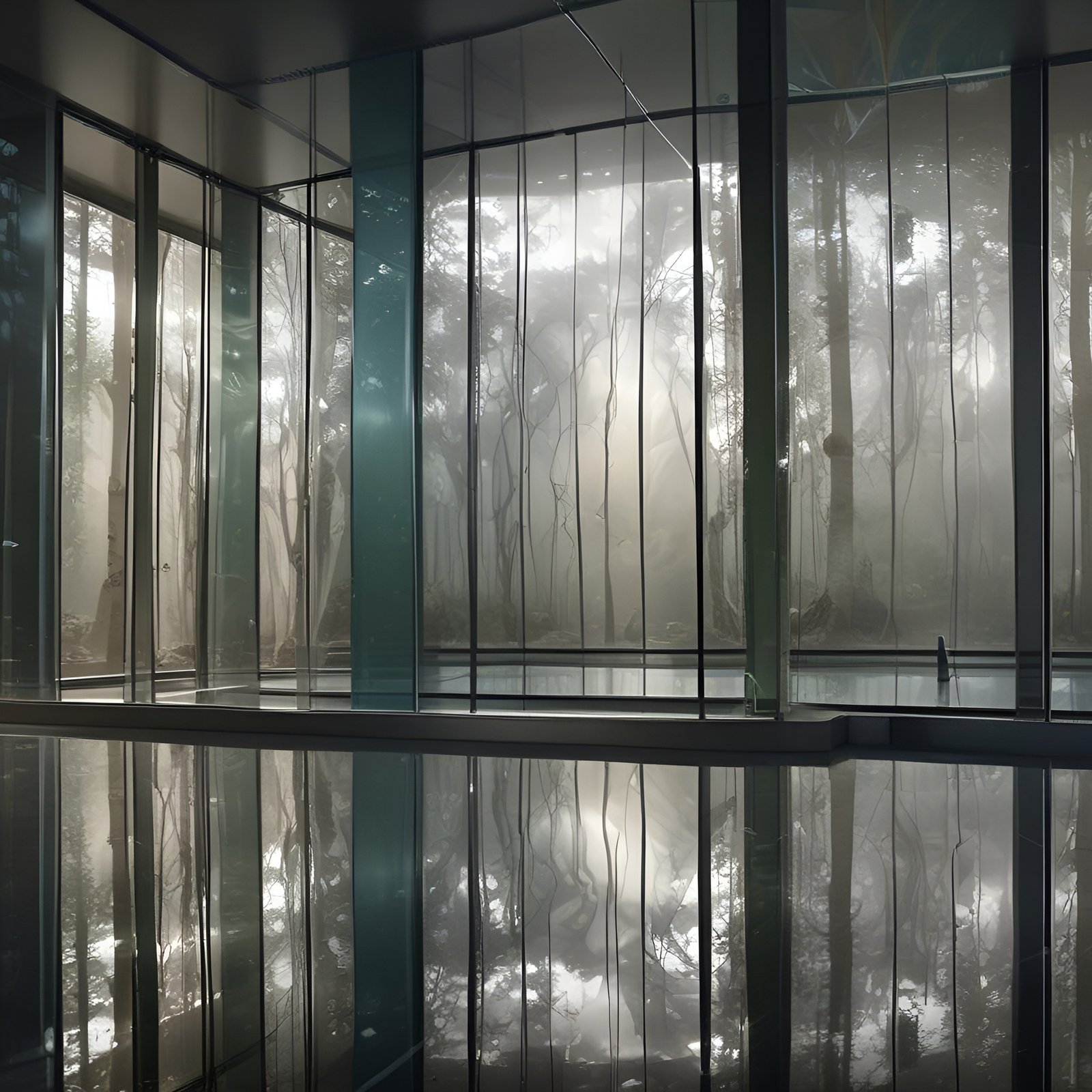 A creative photograph of a glass-walled room with a teal column and a wet floor mirroring a misty forest.