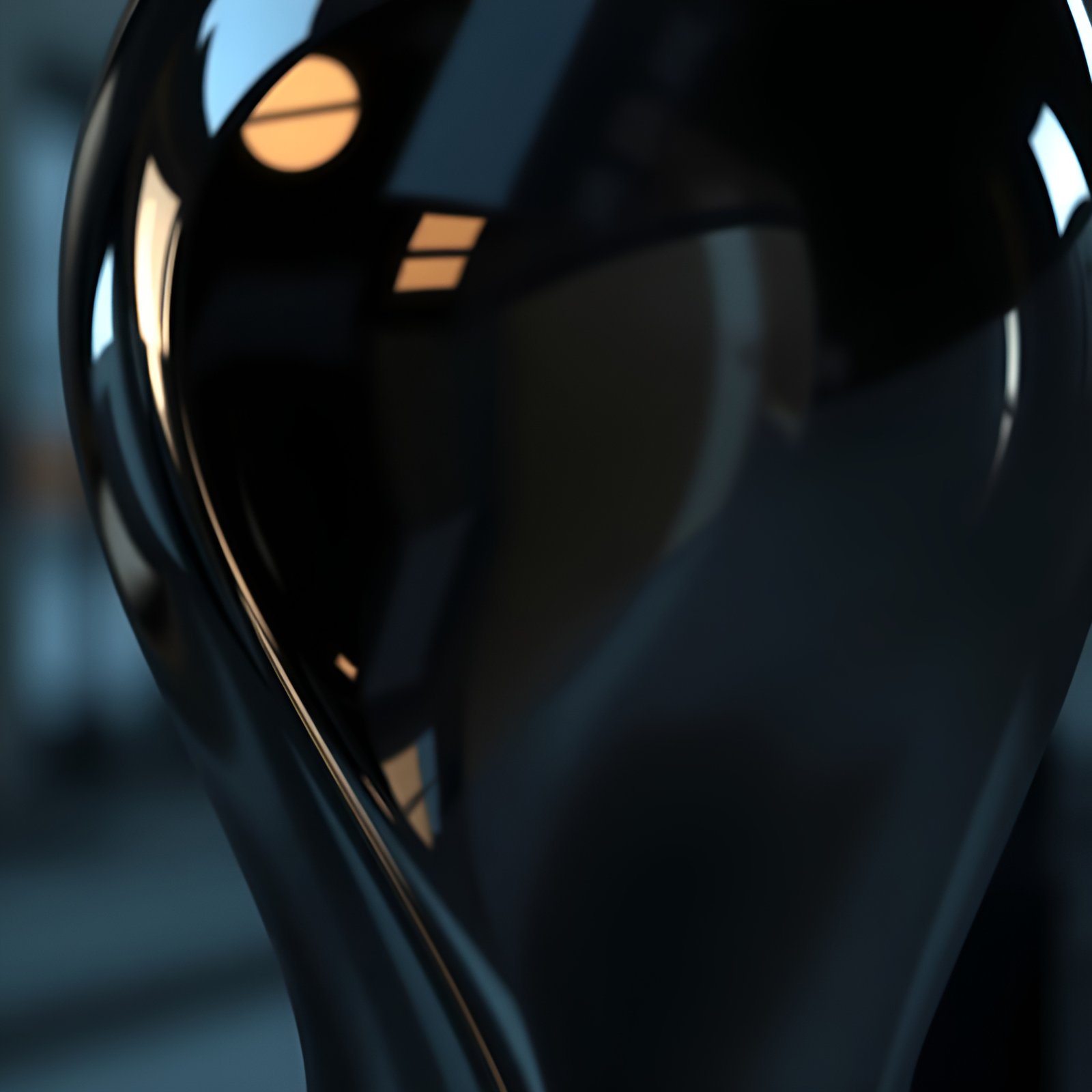 A 3d poster art close crop of a glossy black ceramic vase with amber window reflections on a dark blue surface.