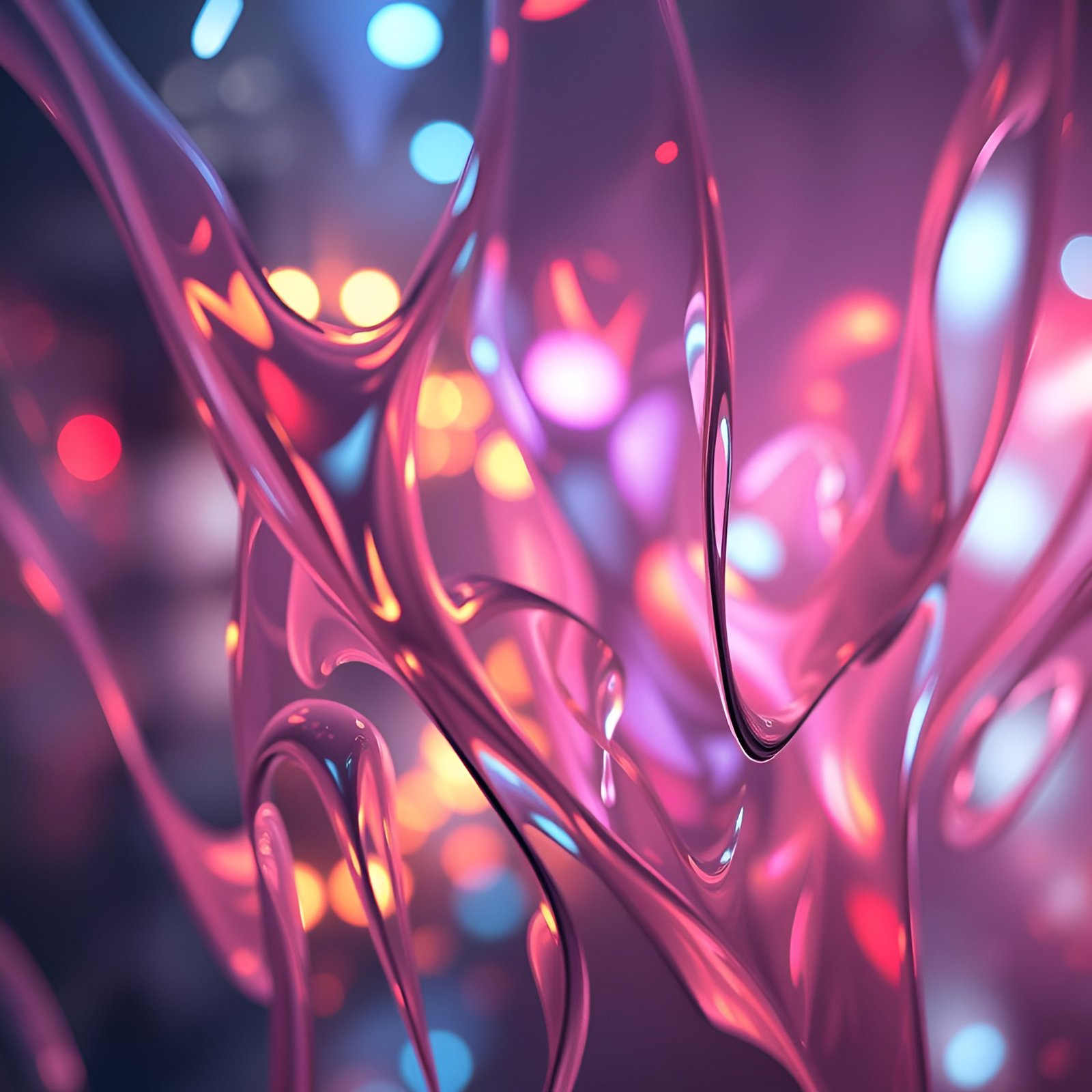Abstract art of glossy pink and violet liquid forms with blue and orange bokeh lights behind them.