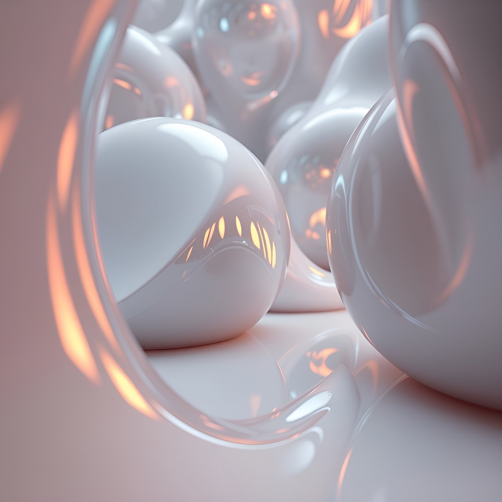 Abstract art of glossy white spheres and clear loops catching peach light in a close still life.