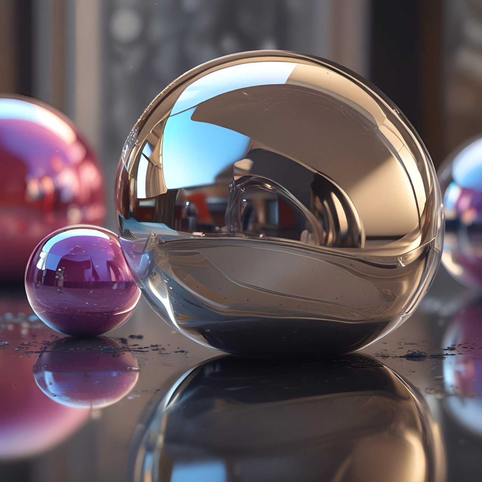 Photo of a gold chrome orb with magenta and pink glass spheres on a black table