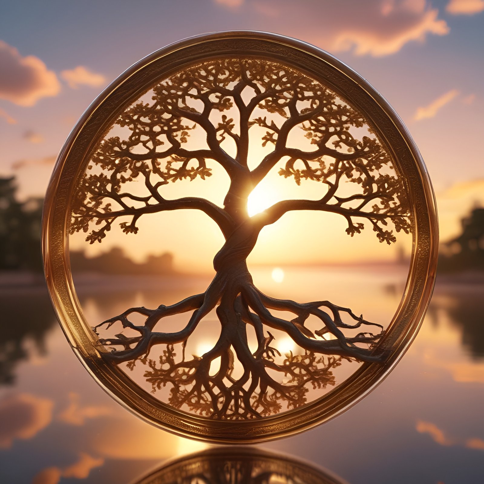 A creative photograph of a gold ring holding a tree of life cutout with sun through the trunk and a lake sunset behind.