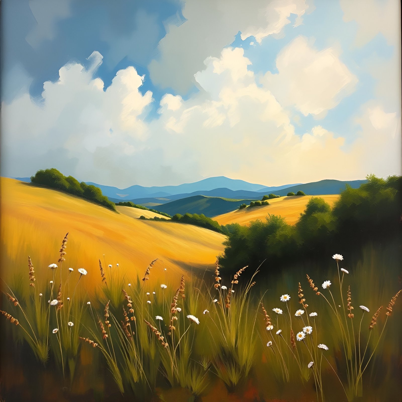 An oil painting style of gold rolling hills with white daisies and seed spikes, green copses, and blue mountains.