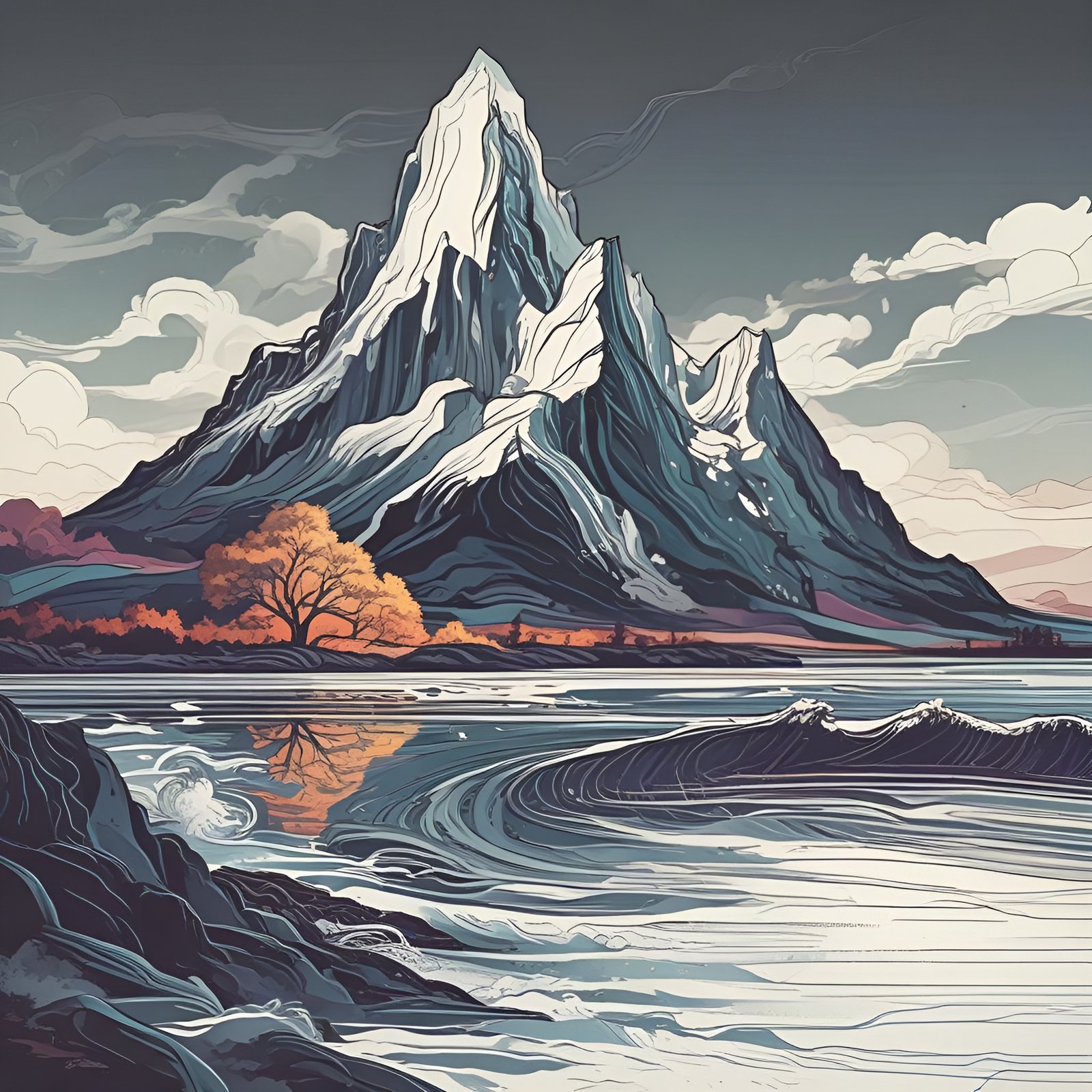 Poster art of a graphic alpine peak with snow facing an autumn orange tree and swirling coastal water in teal cream and slate.