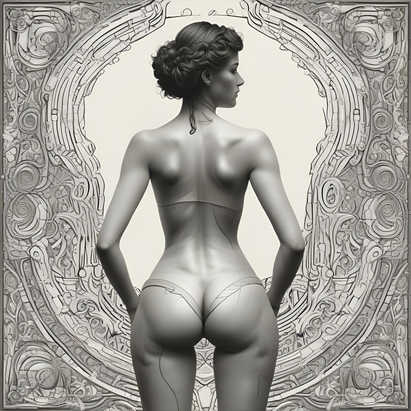 Female figure art in grayscale of a woman from the back with hands on hips inside a circular scrollwork frame.