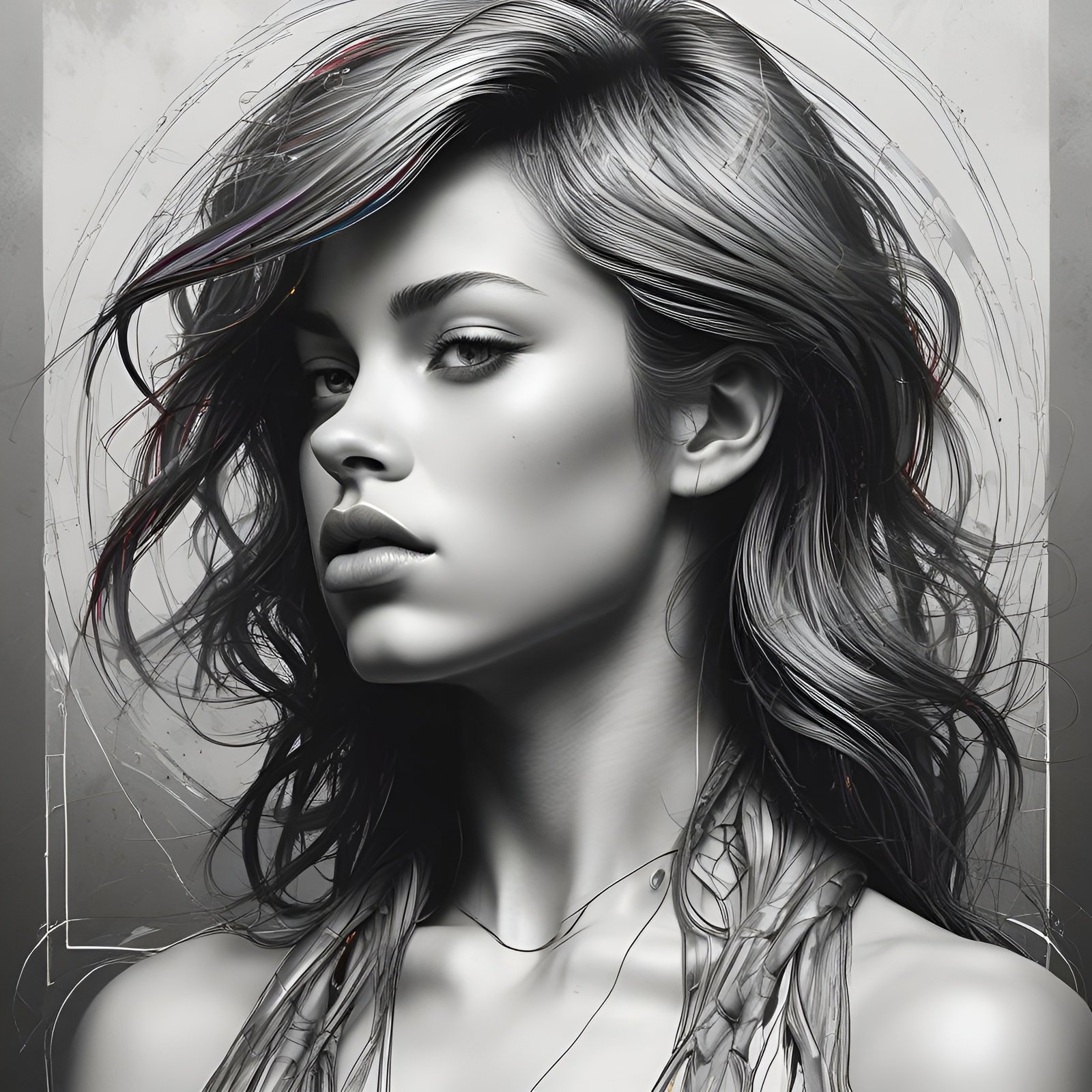 A drawing of a woman in a grayscale close portrait looking aside with thin straps on a pale panel.