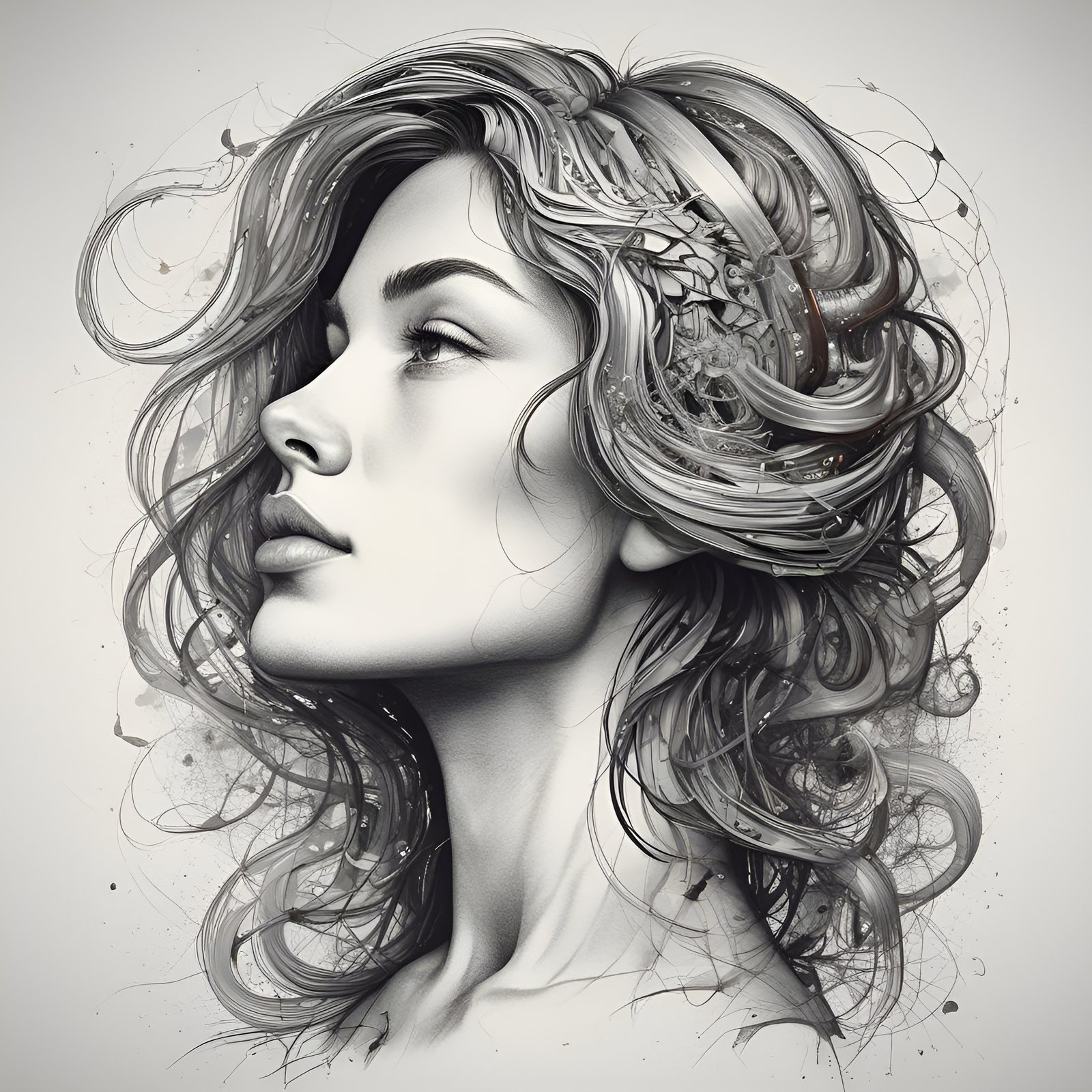 A drawing of a grayscale close portrait of a woman looking up and aside with ink splatters and clockwork gears.