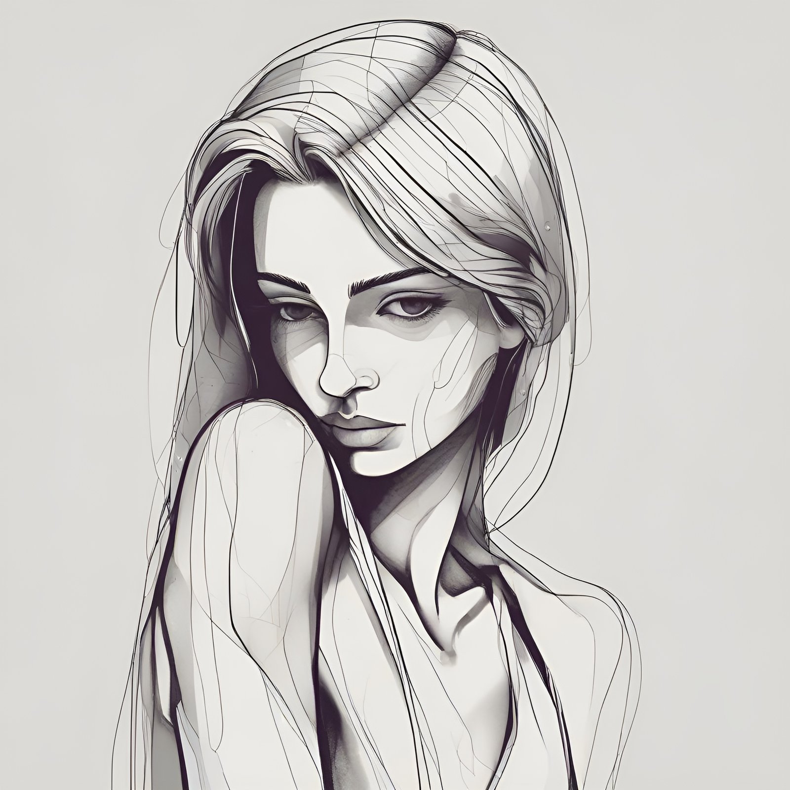 Grayscale drawing of a woman in a loose light blouse looking toward the viewer