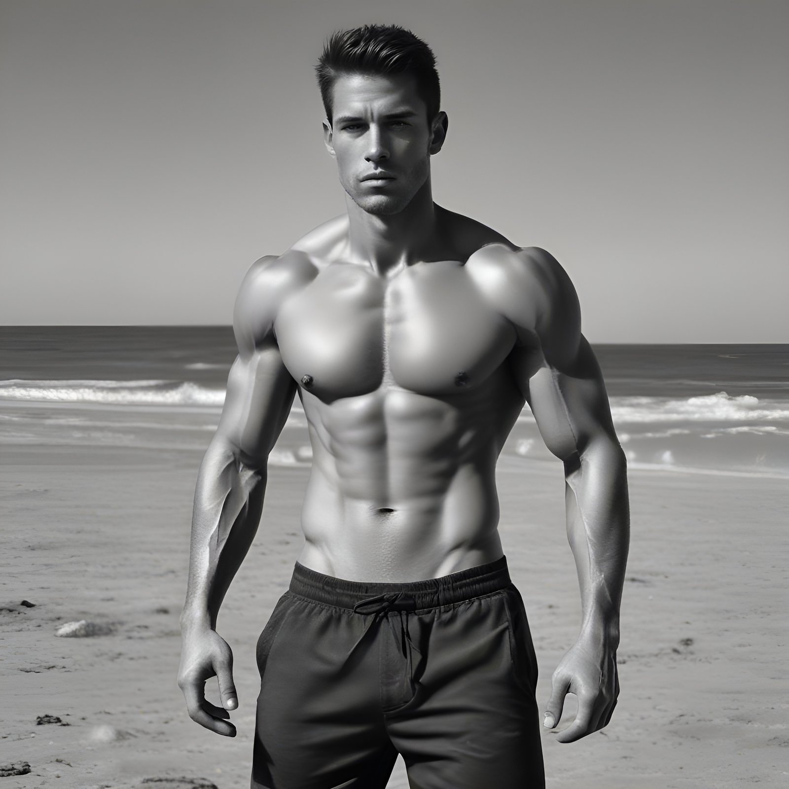 A black and white photo of a handsome man in dark swim shorts on a beach, athletic figure with ocean waves behind him.