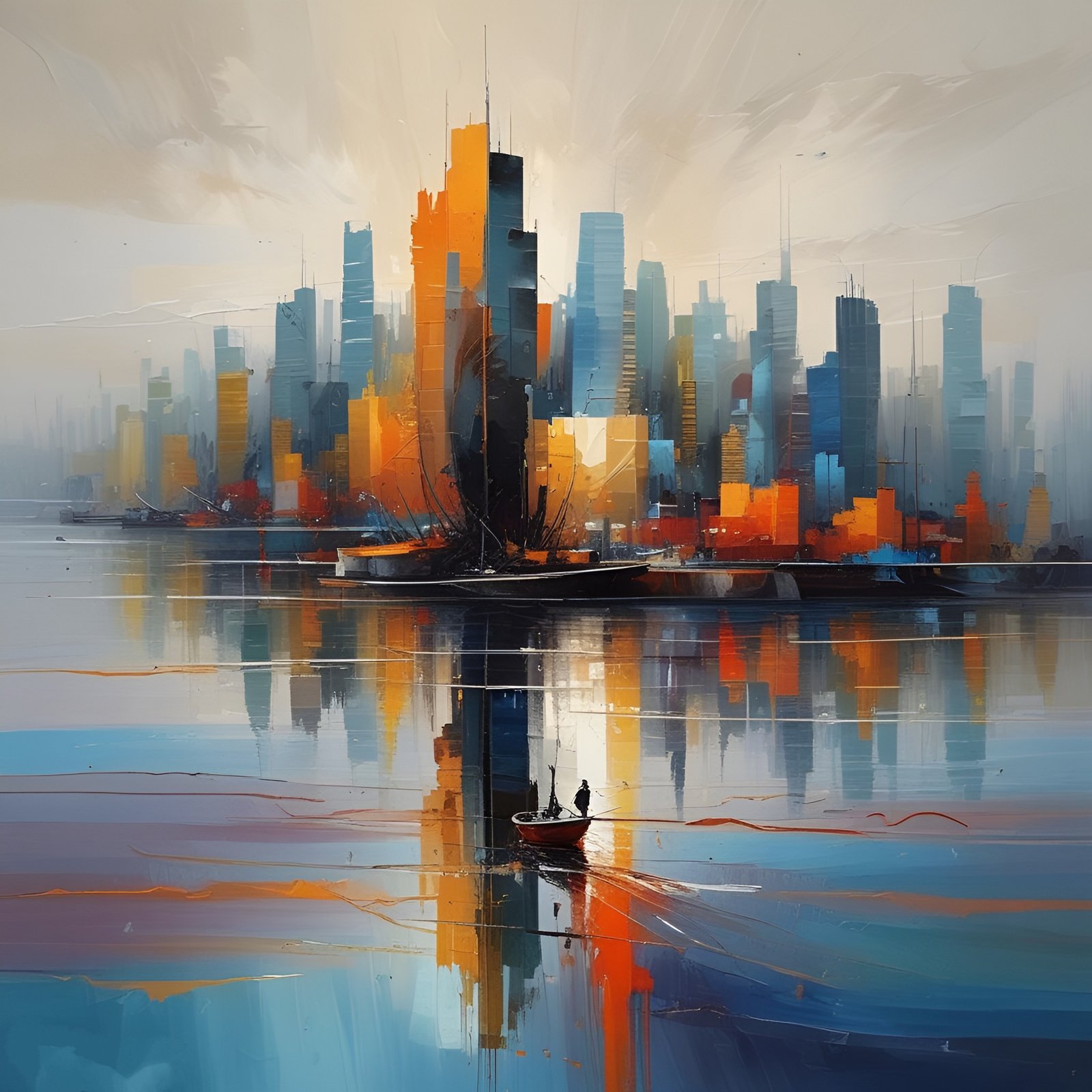 An oil painting style of a harbor skyline of orange and teal skyscrapers with a dark sail boat mid-water.